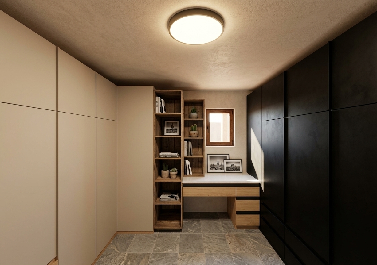 An incredibly lifelike, richly detailed, photorealistic wide-angle interior photo of a modern walk-in closet and integrated vanity study set in a serene desert retreat. The scene is illuminated by warm, ambient overhead lighting casting soft glows along the ceiling alongside natural sunbeams filtering through a rustic timber-framed window, creating a tranquil, sun-drenched atmosphere. Captured with a 24mm architectural lens, emphasizing raw adobe-inspired textures, rich natural wood grains, and fine contrast in the minimalist joinery. On the left, smooth, floor-to-ceiling built-in wardrobes finished in soft matte beige flank the space, leading toward tall, open-shelved rustic wooden bookcases neatly organized with artful photography books, desert landscape wall art, and small potted cacti and succulents. The central study nook features a pristine white stone desktop sitting above light wooden drawers with dark trim, while dramatic matte black full-length storage units anchor the right wall with modern elegance. Underfoot, textured grey sandstone tiles add a subtle, grounding earthiness to this beautifully balanced, Southwestern-inspired sanctuary.