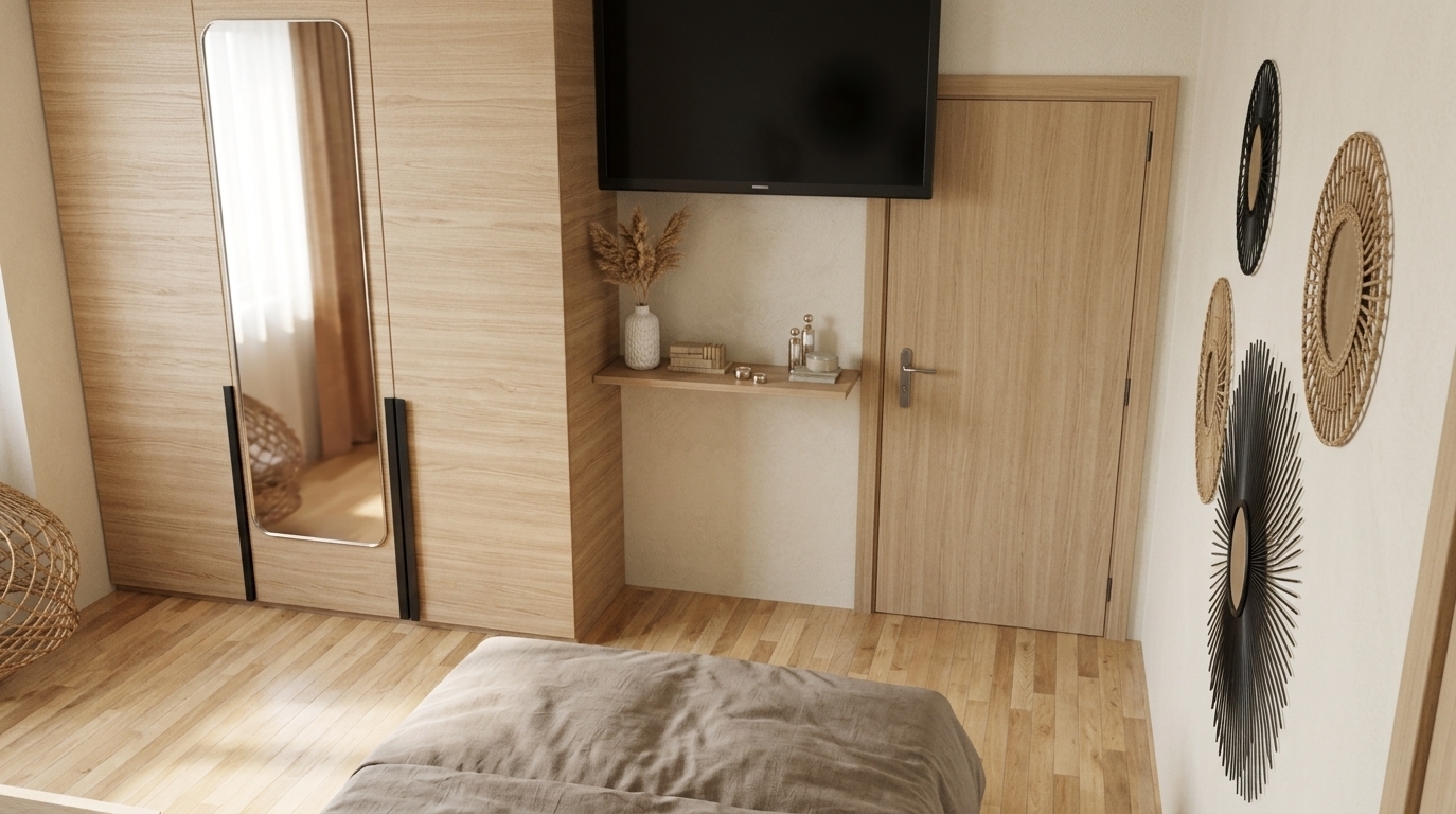 An incredibly lifelike, richly detailed, photorealistic interior perspective shot of a modern bedroom corner set in a serene Scandinavian sanctuary. The scene is illuminated by soft, ambient natural daylight streaming gently from an unseen window, creating a warm, peaceful, and inviting atmosphere. Captured with a 35mm architectural lens, emphasizing tactile natural wood grains, realistic mirror reflections, and subtle material contrasts...

The room features a full-height wardrobe crafted from light Scandinavian oak, showcasing fine organic wood grain and sleek matte black vertical handles. Seamlessly inlaid within one wardrobe panel is a full-length oval-ended mirror with a flawless, silvered mirror surface that crisply reflects the warm interior tones and ambient light. On the adjacent cream-tinted textured plaster wall, a sleek black flat-screen television mounts flush above a minimalist floating oak shelf, curated with a ceramic vase holding dried pampas grass, small books, and polished decorative accents. A matching light timber door blends elegantly into the wall framework, while a vertical arrangement of sunburst and woven rattan mirrors adds artistic depth to the right wall. Below, staggered light oak parquet floorboards display realistic satin sheen highlights, grounding the space next to the plush, neutral taupe linen bedding cascading into the foreground.