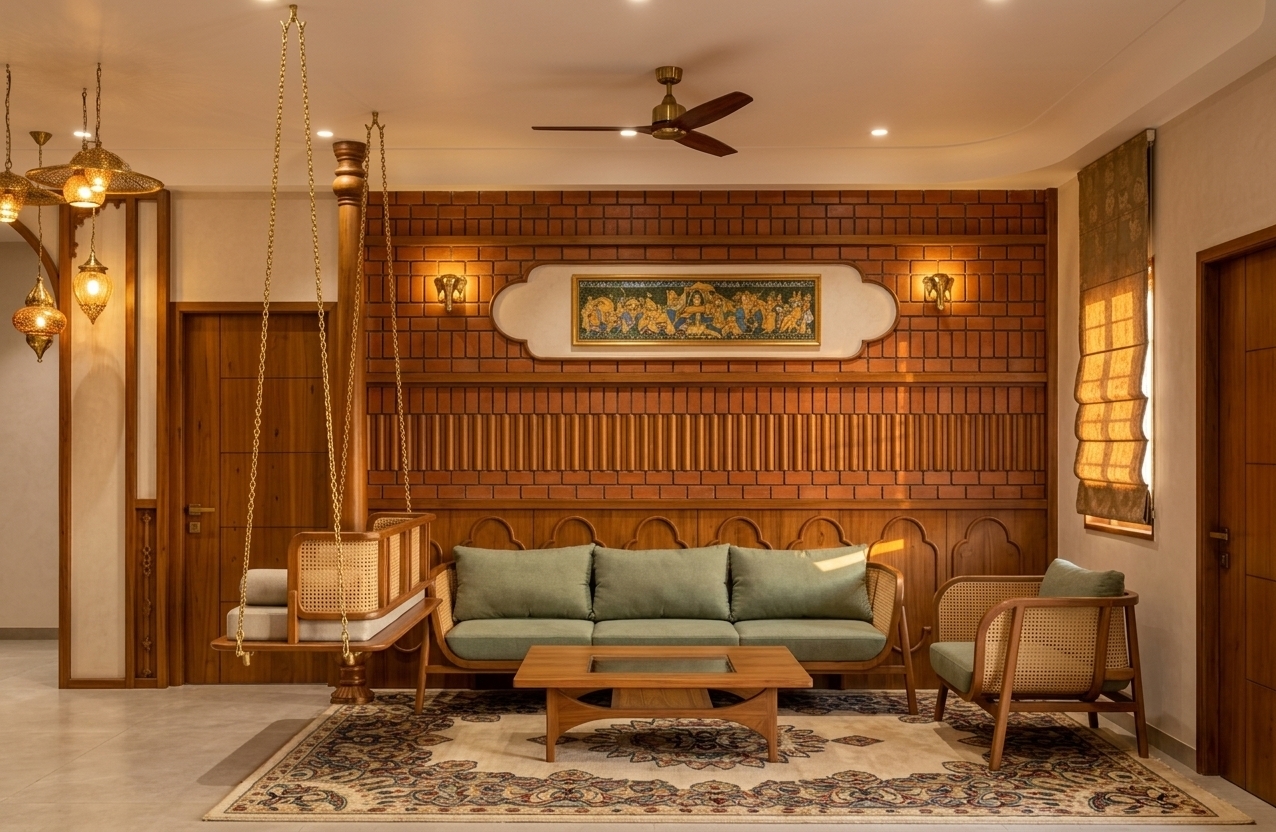An incredibly lifelike, richly detailed, photorealistic wide-angle interior shot of a luxurious Indian exuberance-style living room set in a sophisticated modern residence during a warm spring evening. The scene is illuminated by the golden, radiant glow of the setting sun streaming through the side window, harmonizing with soft warm-toned recessed ceiling lights and the gentle shimmer from ornate brass elephant wall sconces, creating a deeply warm, spiritual, and opulent atmosphere. Captured with a professional 35mm tilt-shift architectural lens, emphasizing the tactile textures of the exposed terracotta brick feature wall, fine teak wood grain, intricate cane-woven accents, and polished brass fixtures. 

At the center, an ornate wooden sofa dressed in muted sage-green upholstery rests against low fluted and arched timber wainscoting, perfectly complemented by a handcrafted cane-and-wood lounge chair and a sculptural low coffee table on an intricate traditional area rug. To the left, a heritage-inspired suspended wooden swing (*jhula*) hangs gracefully from polished brass chains, anchored by a traditionally turned teak pillar. Above the seating, a framed, colorful Indian miniature painting is highlighted within a shaped stucco niche, filling the space with rich cultural vibrancy, handcrafted sophistication, and timeless elegance.