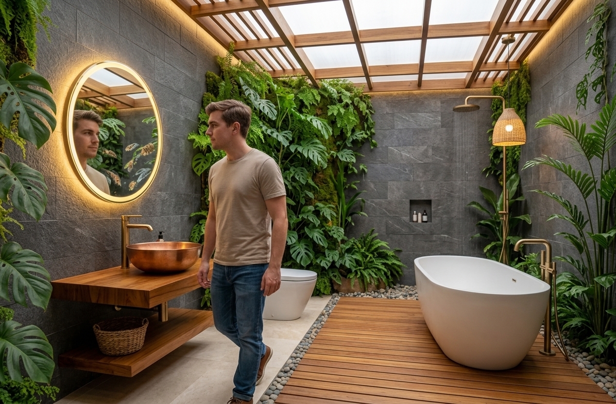 An incredibly lifelike, richly detailed, photorealistic wide-angle interior shot of a serene Japanese Zen bathroom sanctuary set in a secluded, nature-embraced retreat. The scene is illuminated by soft, warm 3000K ambient cove lighting, the radiant golden halo of a large circular mirror, and diffused morning light pouring through an expansive overhead timber pergola skylight, creating a tranquil, meditative atmosphere. Captured with a full-frame camera and a 24mm tilt-shift lens, emphasizing the tactile surfaces of textured charcoal-grey stone tiles, rich grain on the floating teak vanity, and polished river pebbles bordering a slatted wooden bath platform. 

A sleek, freestanding matte-white soaking tub and an open rain shower rest upon the warm wood decking, harmoniously balanced by vibrant living walls of moss, delicate ferns, and monstera foliage that blur the line between indoor luxury and an outdoor onsen garden. Brushed brass fixtures provide refined warmth against the earthy textures, establishing a perfectly balanced, deeply calming spatial composition designed for pure rejuvenation.