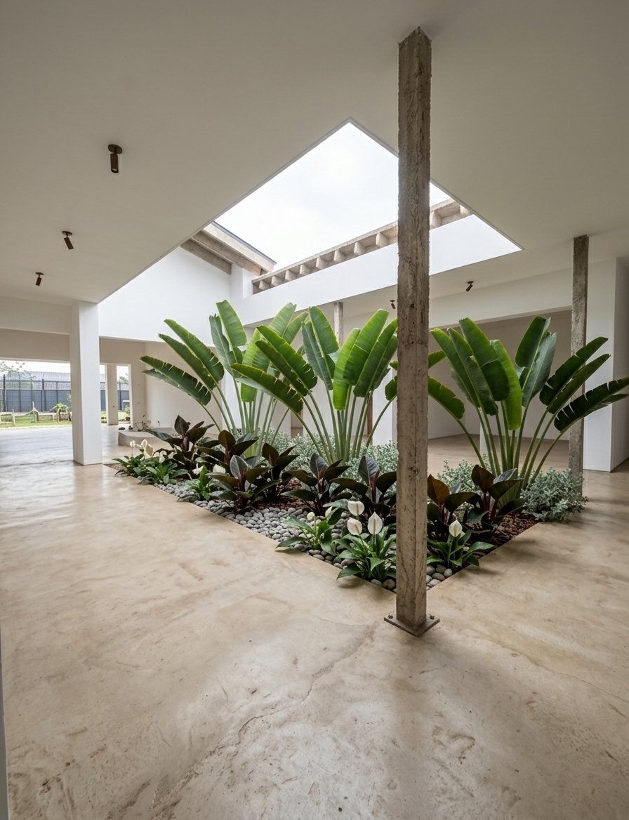 An incredibly lifelike, richly detailed, photorealistic wide-angle interior photograph of a minimalist Japanese Zen open-air central courtyard set in a contemporary luxury residence. The scene is illuminated by gentle, diffused midday daylight pouring directly through the large open rectangular skylight, casting soft, elegant shadows and creating a serene, meditative atmosphere. Captured with a Sony A7R V paired with a 24mm f/2.8 architectural lens, emphasizing the crisp matte-white plaster walls, seamless beige micro-cement flooring, and the lush botanical textures within the bed. Retaining the exact original architectural scale, the central planting bed is refined with smooth light-gray river gravel and dark mulch, featuring tall, fan-shaped Traveller’s palm trees (*Ravenala madagascariensis*) standing prominently in the background, complemented by silvery-green *Conocarpus erectus* shrubs, glossy dark-toned *Philodendron 'Rojo Congo'* in the midground, and graceful white Anthuriums (*Anthurium*) blooming vividly in the foreground against the pure white architectural volumes.