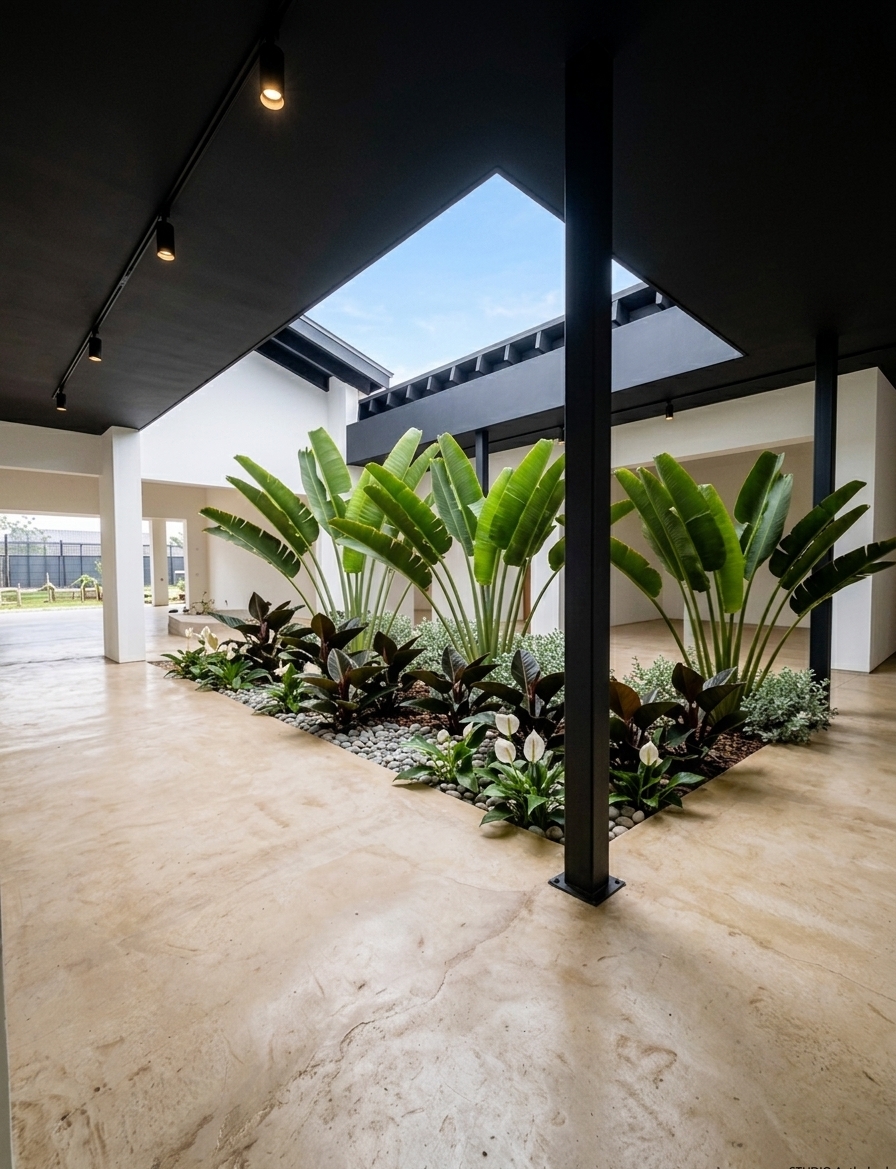A crisp architectural photograph capturing the exact scene and perspective, transforming the raw gray concrete structural columns into a smooth, matte black finish while preserving all original geometry and layout. Bright, soft daylight streams through the large central skylight, casting natural shadows across the warm, polished beige microcement floor. The lush indoor garden features vibrant green tropical plants, dark foliage, white blossoms, and textured river stones, illuminated with high optical clarity. The shot exhibits realistic architectural photography qualities, including subtle surface textures on the black pillars, natural light bounce on the white walls, a wide-angle lens with minimal distortion, and delicate sensor grain for authentic realism.