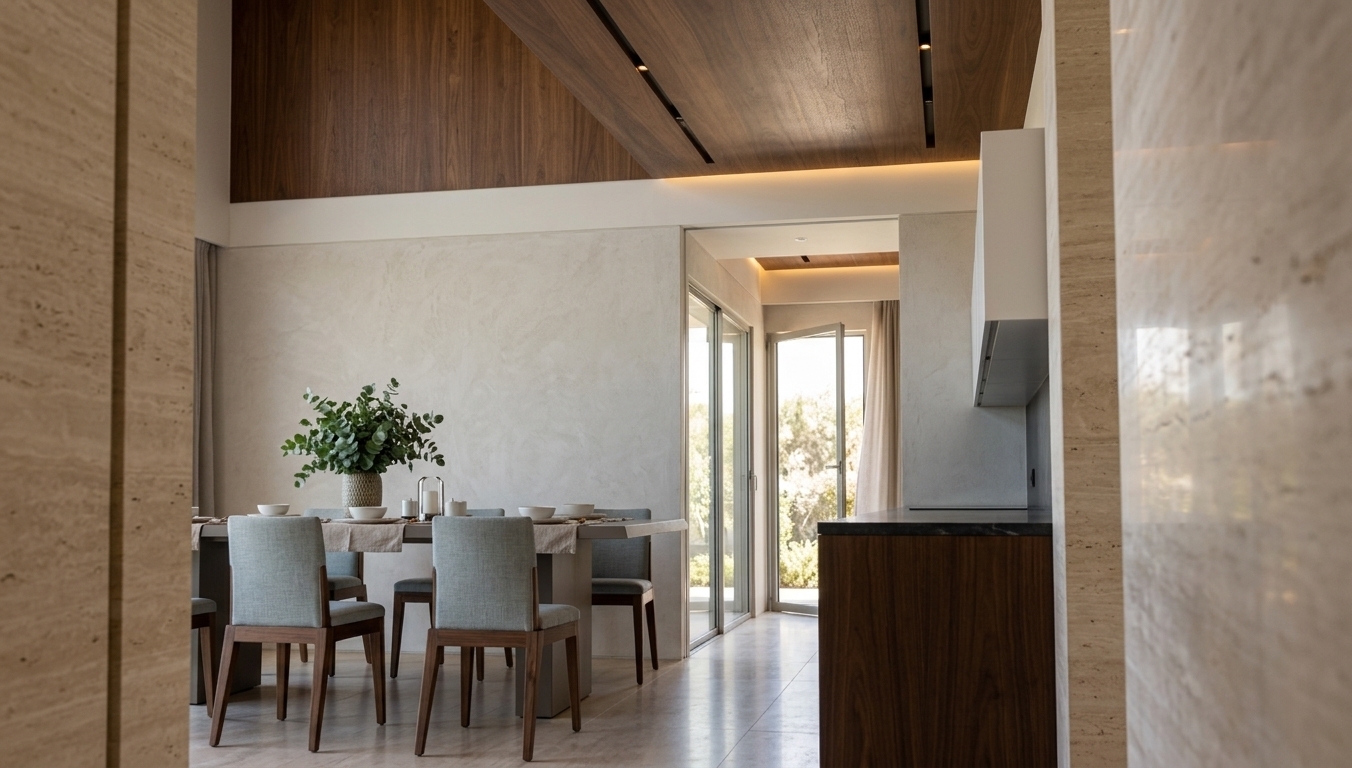 An incredibly lifelike, richly detailed, photorealistic eye-level interior photograph of a modern, minimalist dining room set in a serene coastal residence during a bright spring midday. The scene is illuminated by vibrant natural sunlight pouring in through full-height glass patio doors alongside subtle, warm hidden LED accent lighting, creating an airy, tranquil, and sophisticated atmosphere touched by a gentle coastal breeze. Captured with a 35mm architectural lens, emphasizing the rich natural grain of the deep walnut cabinetry, the tactile weave of the upholstered linen dining chairs, the smooth matte finish of the sleek dining table, and the seamless light travertine floor tiles that softly catch the midday reflections, effortlessly guiding the eye toward the bright, glass-framed corridor in the background.