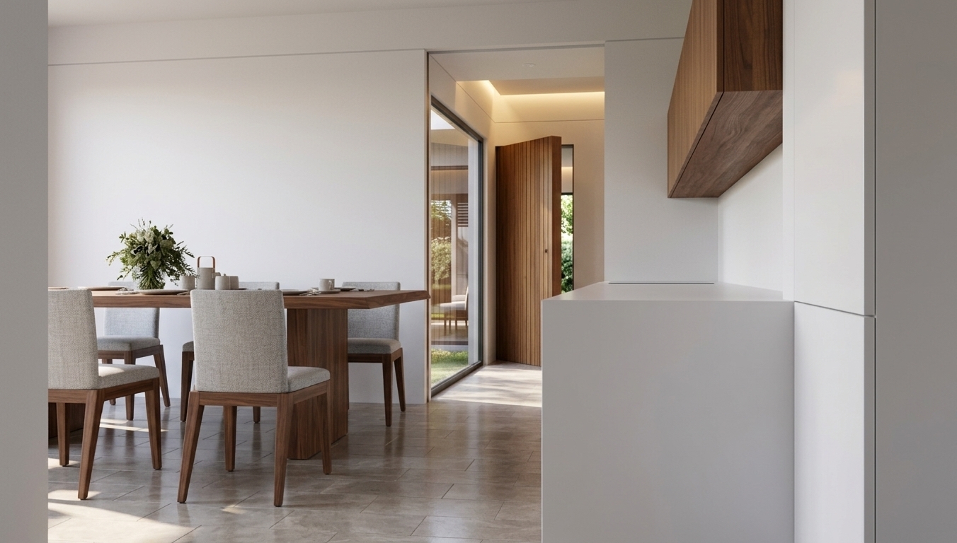 An incredibly lifelike, richly detailed, photorealistic eye-level interior shot of a minimalist dining room set in a contemporary modern-fusion residence. The scene is illuminated by soft, warm LED accent lighting blended effortlessly with bright natural daylight pouring through the floor-to-ceiling patio glazing, creating an inviting, tranquil atmosphere. Captured with a 35mm architectural lens, emphasizing the fine textures of the tailored fabric dining chairs, rich walnut woodwork, smooth white surfaces, and subtle sheen of the neutral-toned floor tiles. 

In the foreground, a sleek white kitchen peninsula and suspended rich timber cabinetry frame the composition, guiding the eye toward an elegant dining table set with minimalist ceramics and a lush centerpiece. In the open background, the corridor reveals an expansive glass panel with vivid outdoor reflections and a tall wooden pivot door, showcasing clean geometric lines, delicate cast shadows, and a seamless flow of modern interior design.