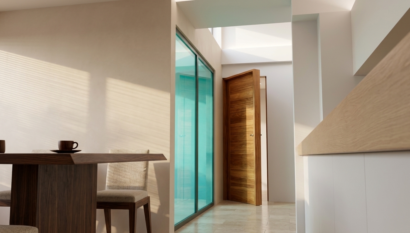 An incredibly lifelike, richly detailed, photorealistic eye-level interior photo of a modern minimalist dining space and adjoining hallway set in an elegant contemporary residence. The scene is illuminated by the warm, gentle rays of an early autumn sunrise streaming through high-level architectural openings, complemented by soft, diffused recessed LED lighting, creating a calm, inviting, and serene atmosphere. Captured with a professional 35mm architectural lens, emphasizing the rich, tactile grain of the dark walnut dining table base, the refined texture of neutral upholstered chairs, and smooth travertine floor tiles. To the side, floor-to-ceiling aqua-tinted glass partitions cast vibrant, clean reflections, while delicate linear sunlight stripes the pristine white walls, gracefully leading the eye down the bright corridor toward a warm, polished natural timber door left elegantly ajar.