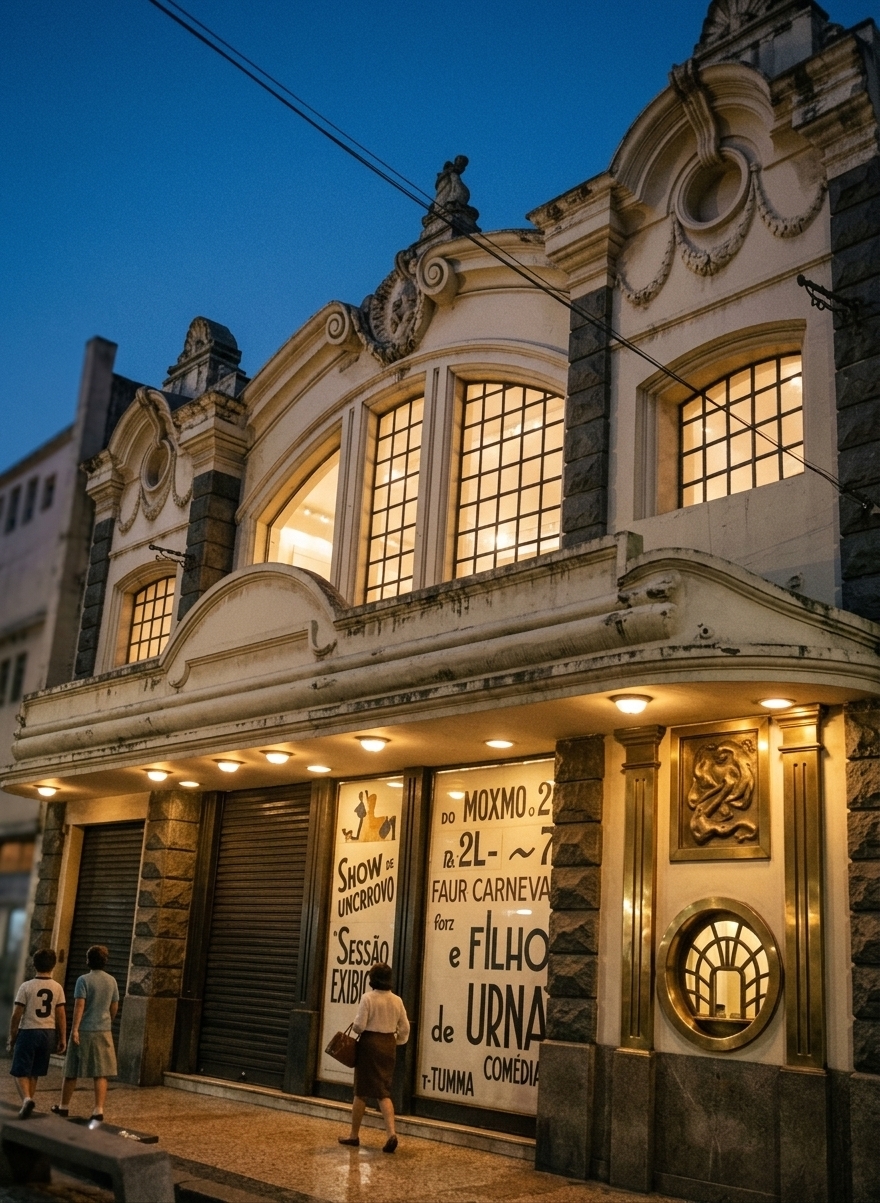 An incredibly lifelike, richly detailed, photorealistic low-angle exterior architectural photo of a restored 1960s cinema facade adapted into an ambient cultural exhibition space, set in a historic urban streetscape. The scene is illuminated by the warm, nostalgic glow of recessed canopy lighting, soft vintage neon accents, and diffused interior exhibition lights beaming through the gridded arched upper windows, creating an atmospheric, digital-zen nocturnal ambiance. Captured with a 35mm f/1.8 prime lens, emphasizing the tactile textures of the weathered ornate stucco moldings, rusticated stone quoins, heavy curvilinear pediments, and the smooth reflective surfaces of the illuminated retro poster displays and circular art-deco ticket booth on the polished terrazzo pavement below.