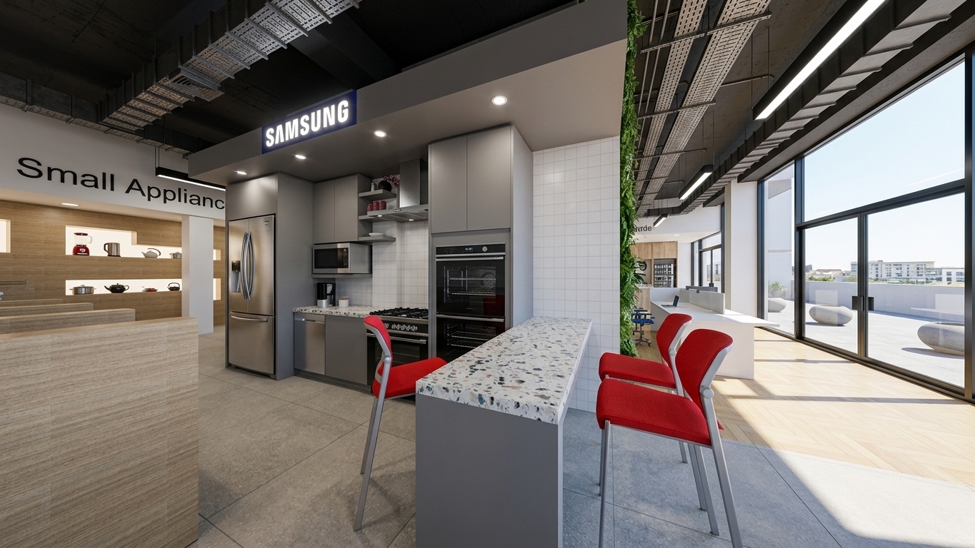 Architectural photograph of the modern appliance showroom during bright midday, with crisp natural daylight streaming through the expansive exterior windows and balancing with the overhead recessed spotlights and glowing Samsung sign. The terrazzo bar counter exhibits realistic speckled stone micro-texture and soft specular highlights, contrasting with the vibrant red chairs, matte grey cabinetry, and reflective stainless steel kitchen appliances. Accurate ambient occlusion and natural exposure balance the bright midday sun with the dark open-plenum ceiling, rendering true-to-life surface reflections and sharp optical clarity.