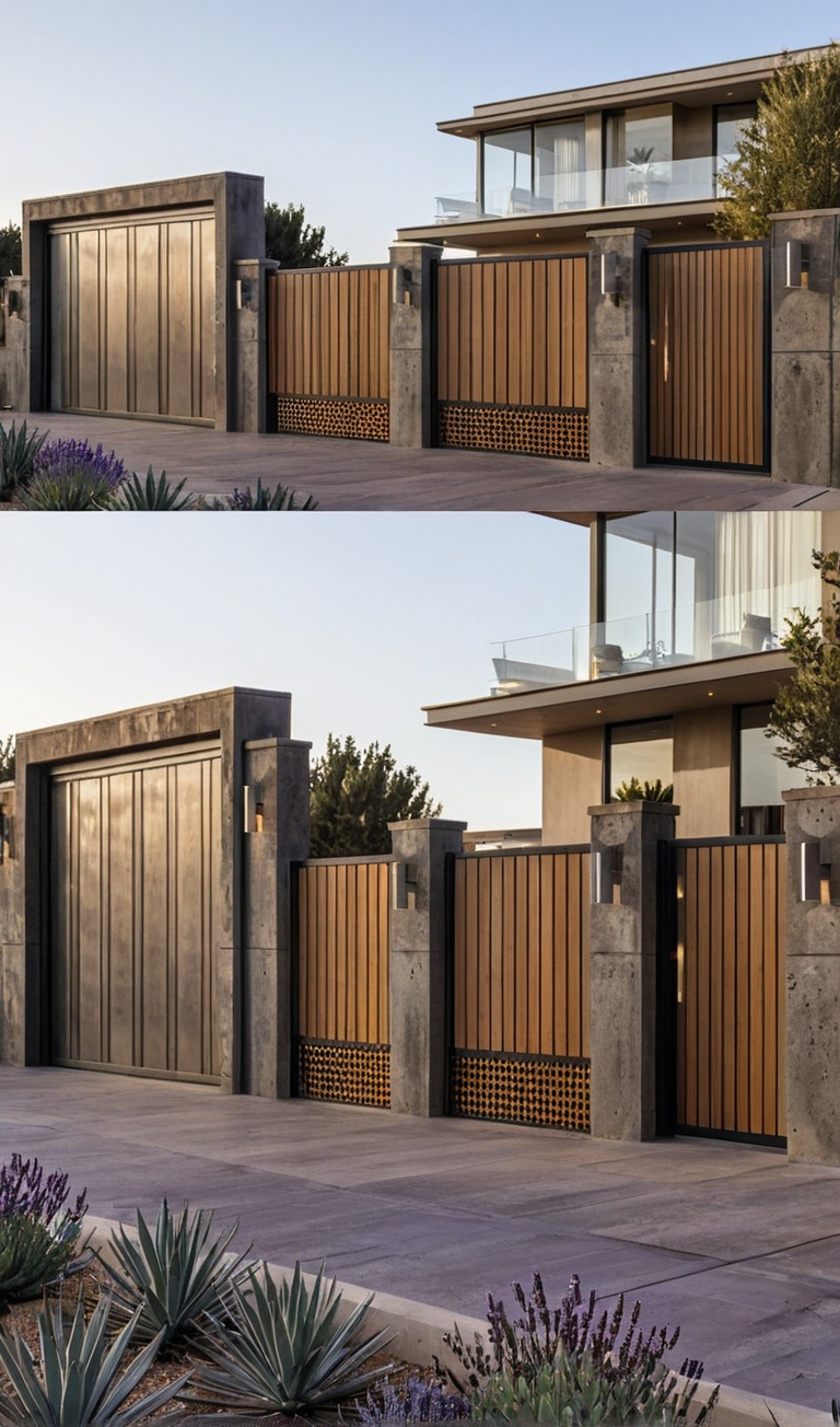An incredibly lifelike, richly detailed, photorealistic eye-level architectural shot of a contemporary desert retreat entrance set in an arid, tranquil landscape. The scene is illuminated by soft, sun-drenched daylight balanced by the warm glow of integrated modern sconces, creating a calm, earthy, and sophisticated atmosphere. Captured with a high-end architectural tilt-shift lens, emphasizing the raw, weathered textures of the concrete pillars, refined vertical wood slatting, and rich metallic accents. In the foreground, a minimalist outdoor garden bed features sculptural agave succulents and purple lavender set into crisp paving, leading the eye toward the multi-story modern villa with its expansive glass balustrades, sleek cantilevered roofline, and warm neutral stucco finishes reminiscent of fine-art photography.