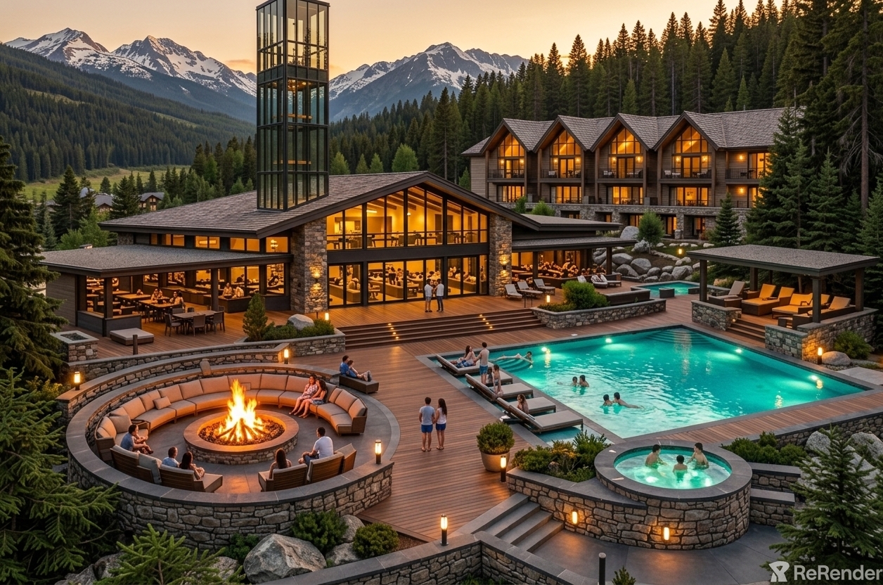 An incredibly lifelike, richly detailed, photorealistic wide-angle architectural rendering of an expansive luxury alpine resort and wellness lodge set in a dense pine forest framed by dramatic, snow-capped mountain peaks. The scene is illuminated by the warm, golden glow of sunset balanced against glowing interior fixtures and vibrant turquoise underwater pool illumination, creating an inviting, tranquil, and upscale atmosphere. Captured with an elevated wide-angle lens, emphasizing the rich textures of stacked stone masonry, composite timber decking, dark-trimmed glass curtain walls, and the roaring flames of a sunken circular fire pit. The composition seamlessly connects the sleek, glass-enclosed observation tower, the open-plan main lodge with its dramatic vaulted ceilings, tiered swimming and spa pools, and a multi-level guest chalet nestled harmoniously into the rugged alpine landscape.