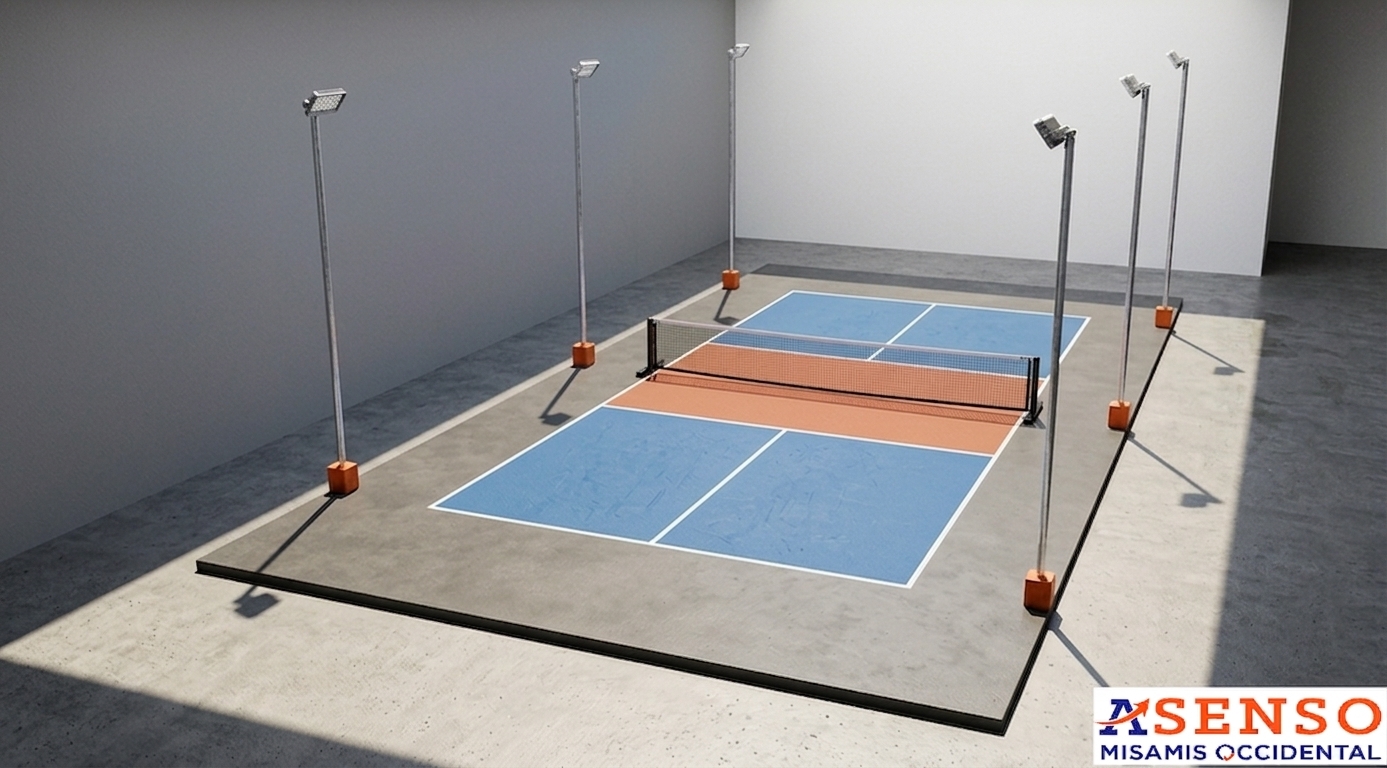 A high-angle summer midday photograph capturing the exact pickleball court scene under intense, direct sunlight. The bright natural daylight creates sharp, distinct diagonal cast shadows across the textured concrete ground and matte-finish court surface, highlighting realistic scuffs, micro-creases in the net, and weathered galvanized metal textures on the floodlight poles with their bright orange bases. The image features a crisp wide-angle lens perspective with balanced high-contrast exposure, authentic surface imperfections, faint atmospheric heat shimmer, and subtle 35mm film grain.