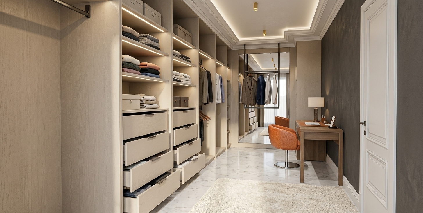 A photorealistic interior photograph of the walk-in closet preserving the exact perspective and geometry, featuring built-in cabinetry with a warm beige linen-textured finish and an elegant parquet wood floor. The open shelves are filled with neatly folded knitwear and luggage along the upper storage, while the hanging sections display stylish women's garments and long dresses. Warm integrated LED strip lighting illuminates the shelves, ceiling cove, and cabinetry, casting soft ambient shadows across the leather vanity chair and surfaces, captured with crisp photographic focus, natural material depth, and balanced exposure.