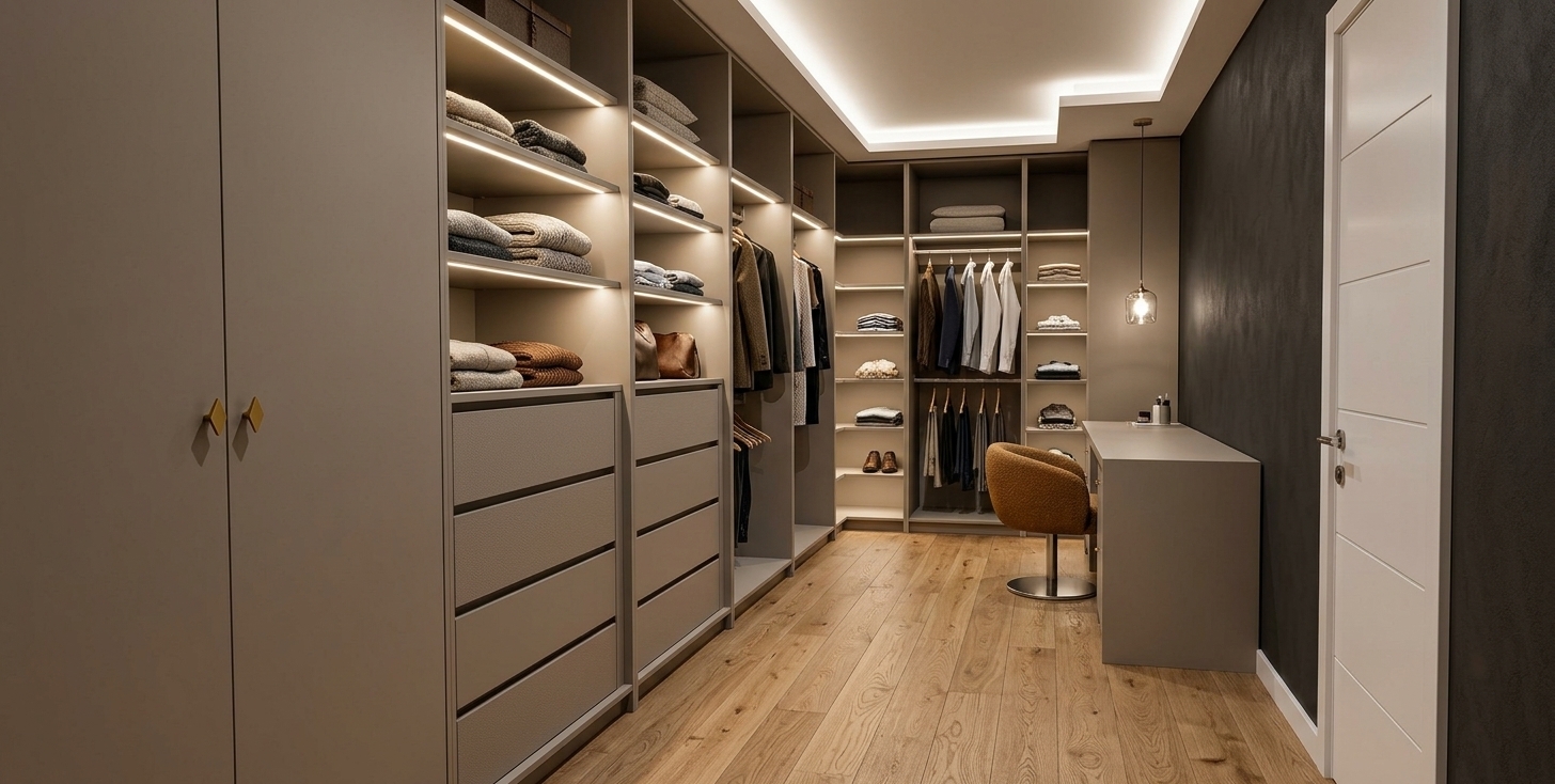 A photorealistic interior photograph of this walk-in closet, maintaining the exact geometry, perspective, and composition. The floor is finished in rich natural wood parquet planks, and the custom beige cabinetry is illuminated by integrated warm LED strip lighting under the shelves and hanging rods. Shelves and hangers are neatly arranged with stylish women's clothing, textiles, and accessories. The vanity desk, upholstered swivel chair, dark accent wall, and white door feature realistic matte and woven textures under soft, diffused ambient lighting, captured with clean architectural lens rendering and subtle natural depth.