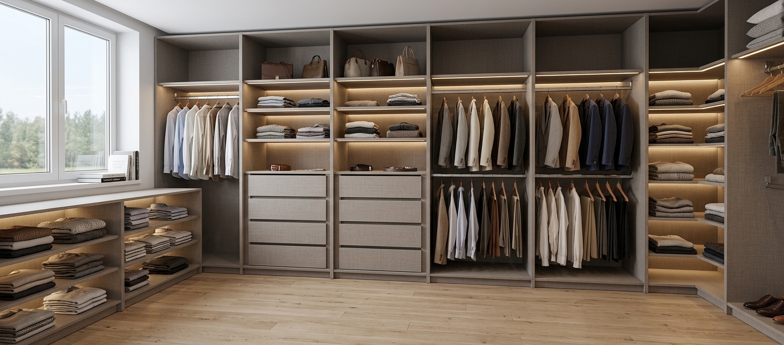 A clean, eye-level architectural photograph of the custom walk-in closet interior, preserving the exact geometry and layout with realistic textures and finishes. The modular cabinetry is crafted from elegant linen-textured melamine with subtle matte weave patterns, set above warm natural oak parquet flooring. Subtle integrated warm LED strip lighting illuminates the shelves, hanging rails with organized women's clothing, and drawer sections, complemented by soft, diffused natural daylight streaming through the left window. Shot on a 24mm tilt-shift lens, the image displays sharp focus throughout, natural ambient occlusion, realistic fabric folds, delicate shadows, and fine material micro-textures free of technical markings.
