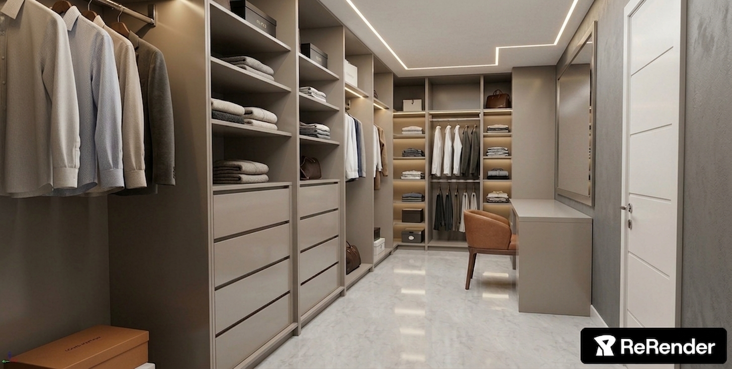 A crisp architectural photograph preserving the exact walk-in closet layout, adding an elegantly mounted mirror on the grey textured wall directly above the vanity desk on the right. Warm 3000K recessed ceiling LEDs and integrated shelf lighting cast authentic illumination across the matte taupe cabinetry, hanging garments, and polished marble floor reflections. The scene exhibits natural material micro-textures, leather grain on the vanity chair, realistic mirror reflections, crisp focal depth, and faint photographic grain.