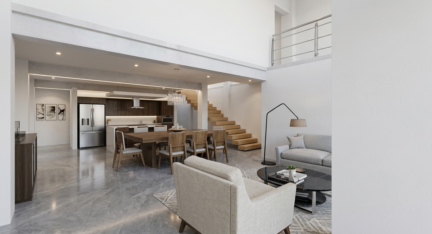 An incredibly lifelike, richly detailed, photorealistic wide-angle interior photograph of a modern open-concept residence designed with a digital zen aesthetic. The scene is illuminated by bright, diffused natural midday spring light cascading across the double-height living area, complemented by subtle, warm recessed ceiling spotlights that create an airy, serene, and sophisticated atmosphere. Captured with a professional wide-angle architectural lens, emphasizing smooth plastered white walls and ceilings, polished grey marble flooring, and crisp geometric lines. The composition showcases the dramatic double-height volume of the living room, featuring a minimalist attached floating staircase leading to an upper mezzanine with sleek metal railings. In the foreground, plush contemporary lounge seating surrounds a dark-accented coffee table paired with an arched floor lamp. The space transitions seamlessly into an open dining area anchored by a solid wood table and tailored chairs, directly facing a streamlined gourmet kitchen equipped with flush cabinetry, a central island with a suspended hood, and a smart double-door refrigerator.