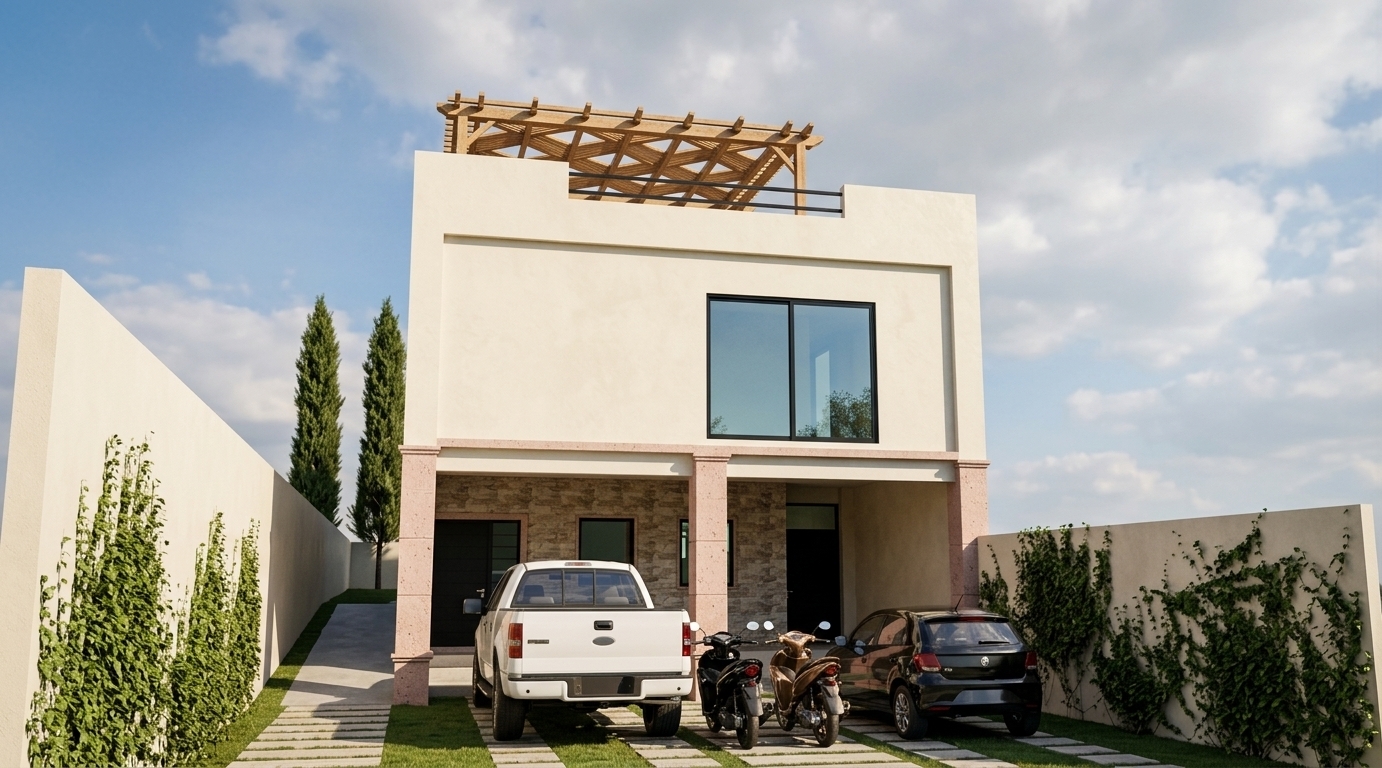 An incredibly lifelike, richly detailed, photorealistic wide-angle exterior architectural photo of a contemporary multi-level residence set in a vibrant outdoor garden courtyard. The scene is illuminated by brilliant, warm midday sunlight filtered through soft drifting clouds, creating an upscale, welcoming, and elegant atmosphere. Captured with a professional 24mm architectural lens, emphasizing the crisp contrast between smooth, light-finished stucco walls, finely crafted pink cantera stone columns, and the textured stone accent facade on the lower level. Sleek black aluminum frames hold slightly reflective glass that mirrors the brilliant blue sky and surrounding greenery, while lush climbing ivy covers the perimeter side walls. The open driveway area incorporates elegant stone pavers laid seamlessly within manicured grass paths accommodating a parked white pickup, a black hatchback, and two sleek motorcycles with realistic metallic sheens. Crowned with a rich natural timber pergola on the open-air rooftop terrace casting geometric shadows, the composition exudes modern residential luxury and seamless indoor-outdoor living.