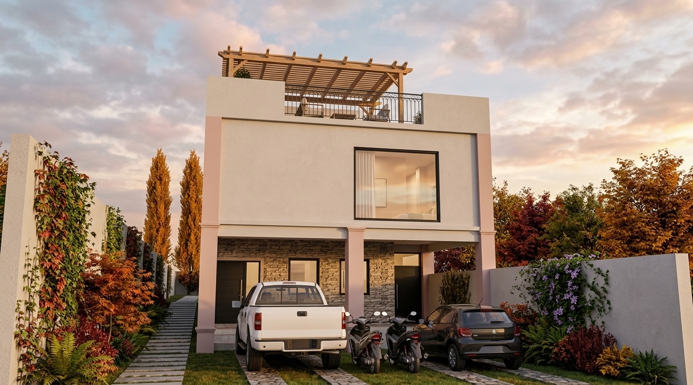 An incredibly lifelike, richly detailed, photorealistic wide-angle exterior architectural shot of a contemporary two-story minimalist residence set in a tranquil residential setting during a serene autumn sunset. The scene is illuminated by warm, golden-hour sunlight softly diffused by gentle, scattered clouds, creating an elegant, warm, and inviting atmosphere. Captured with a professional full-frame camera and a 24mm tilt-shift architectural lens, emphasizing the crisp contrast between the smooth, light-toned minimalist stucco walls and the subtle, smooth blush-pink structural columns below. 

At the ground-level driveway and side walkway, rustic stone tire tracks and paver paths cut cleanly through manicured grass, hosting a pristine white pickup, sleek motorcycles, and a dark compact car. The perimeter privacy walls are softened by lush climbing vines and layered, vibrant autumn-toned greenery. Sleek, matte-black aluminum window frames encase high-reflectivity glass that mirrors the dramatic sunset sky, while a finely crafted natural timber pergola anchors the expansive rooftop terrace above, defining a harmonious outdoor sanctuary.