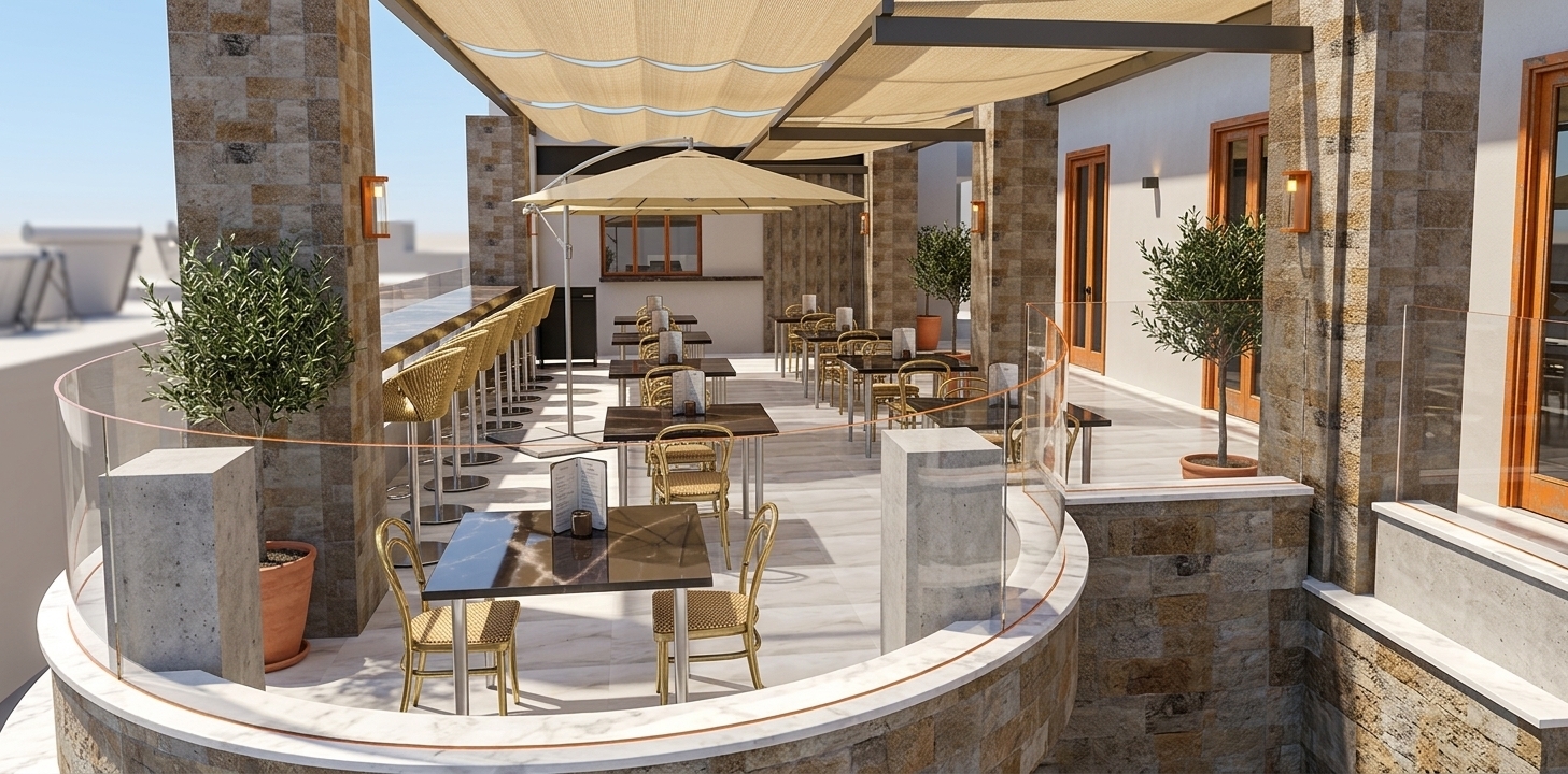 A crisp, photorealistic photograph of this outdoor terrace restaurant on a bright summer midday, maintaining the exact layout, geometry, and camera perspective. High direct sunlight casts clean, defined shadows beneath the dark stone-topped tables, beige fabric canopy, and sleek bar seating. The stone-clad columns, smooth floor tiles, and glass balcony railings exhibit natural material finishes, realistic sunlit reflections, and subtle surface textures, captured with clear depth of field and warm, natural daytime illumination.