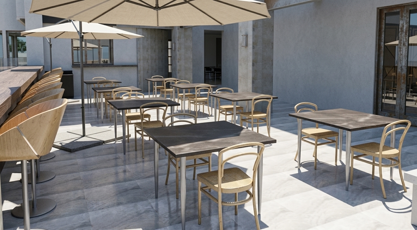 A photorealistic eye-level photograph of the outdoor cafe patio captured on a bright summer midday with a 35mm lens. Harsh, direct overhead sunlight casts crisp, defined shadows beneath the large canvas parasols and dark stone-topped dining tables. The light gray tiled floor exhibits natural surface textures and subtle specular reflections, while the light wood and metal bistro chairs, bar stools, and concrete pillars show authentic micro-textures, faint wear, and realistic material physics. The scene is bathed in a clean, high-noon 5500K daylight atmosphere with subtle highlights, sharp contrast, and realistic ambient depth.