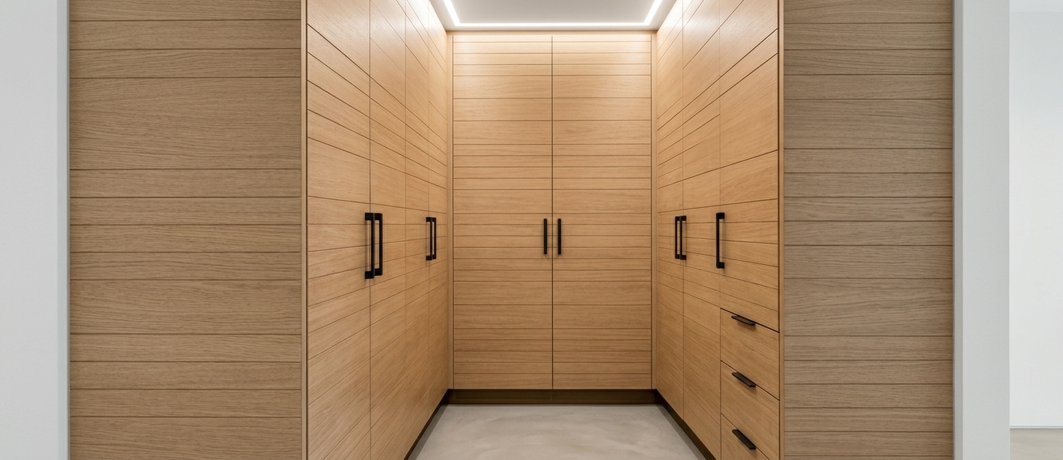 An incredibly lifelike, richly detailed, photorealistic eye-level interior photo of a bespoke walk-in closet set in a contemporary master suite. The scene is illuminated by soft, recessed overhead lighting that casts gentle gradients down the cabinetry, creating a tranquil and organized atmosphere suited for a minimalist haven. Captured with a professional 35mm interior lens, emphasizing the satin, horizontal grain of the light natural oak wood surfaces and the sleek, matte black vertical door pulls. The floor-to-ceiling closed-door cabinets form a seamless, efficient U-shaped configuration neatly framed by crisp white walls, exuding understated luxury and pristine architectural craftsmanship.