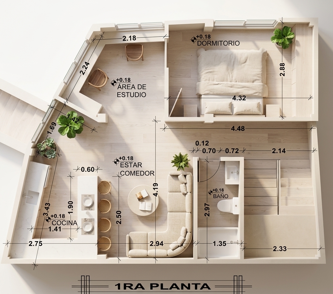 An incredibly lifelike, richly detailed, photorealistic top-down architectural photograph of an open-concept coastal apartment and integrated living-dining space set in a sun-drenched seaside retreat during a clear spring midday. The scene is illuminated by brilliant, natural sunlight streaming through large glass windows, creating an airy, fresh, and sun-kissed nautical atmosphere infused with a gentle coastal breeze. Captured with a wide-angle tilt-shift lens on a high-resolution camera, emphasizing the natural textures of pale bleached-oak flooring, smooth white quartz kitchen surfaces, and woven wicker counter stools. The uncluttered dining and living space features a sleek wooden coffee table topped with an open photography book, tasteful seascape wall art in serene shades of ocean blue and sandy neutrals, and vibrant potted plants that breathe life into the corners, perfectly connecting the modern kitchen, study nook, and serene bedroom into an inviting, beach-inspired home.