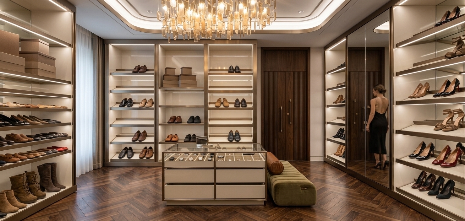An incredibly lifelike, richly detailed, photorealistic wide-angle interior shot of a luxury modern fusion walk-in shoe closet and dressing suite set in an opulent contemporary penthouse. The scene is illuminated by soft integrated warm LED backlighting beneath each floating shelf, sleek ceiling cove lights, and a dramatic centerpiece chandelier of amber-tinted frosted glass pendants, creating an intimate, glamorous, and welcoming atmosphere. Captured with a professional 24mm architectural lens, emphasizing the rich grain of dark walnut herringbone parquet flooring, the polished gleam of brushed champagne-bronze trims, and crisp glass reflections throughout. In the center, an elegant glass-top accessory display island with cream lacquer drawers stands alongside a plush olive-tone channeled velvet bench. Along the right wall, a full-height mirrored wardrobe seamlessly reflects the surrounding bespoke shelving while capturing an elegant woman admiring her reflection, completing this high-end sanctuary of sophisticated modern luxury.