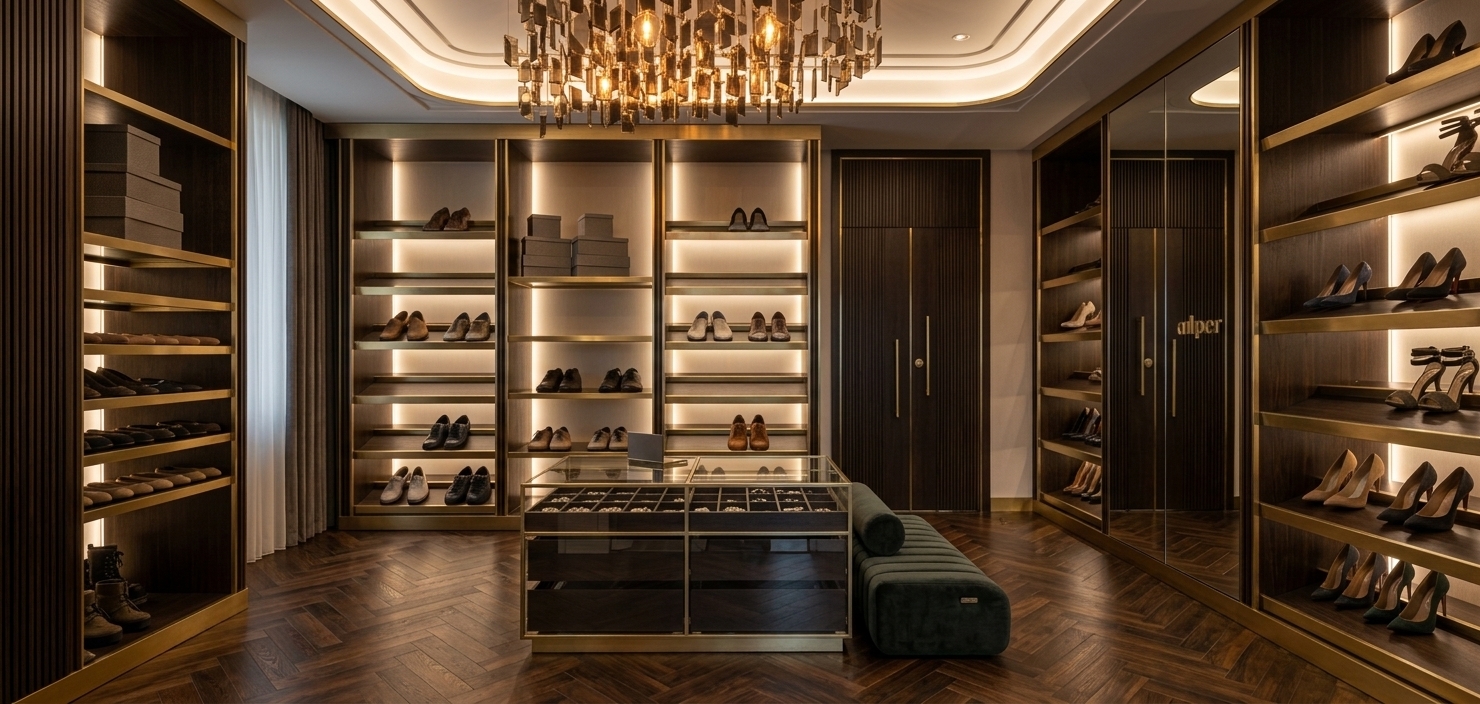 An incredibly lifelike, richly detailed, photorealistic wide-angle interior photograph of an ultra-luxurious walk-in shoe closet and dressing suite set in a high-end contemporary penthouse residence. The scene is illuminated by warm, integrated linear LED shelf backlighting, soft indirect cove lighting from the curvilinear recessed ceiling, and the glowing, multi-faceted amber luminescence of a dramatic cascading smoked-glass chandelier, creating an opulent, sophisticated, and intimate boutique atmosphere. Captured with a 24mm architectural tilt-shift lens at 8K-equivalent fidelity, emphasizing the rich sheen of dark herringbone wood flooring, polished brass metal trim, fluted cabinetry textures, and crystal-clear reflections across the glass showcase and full-height mirror panels. In the center, a brass-framed glass display island reveals impeccably organized jewelry trays, flanked by an elegant ribbed-velvet bench and floor-to-ceiling custom dark timber millwork meticulously displaying fine leather footwear, designer heels, and bespoke storage boxes.