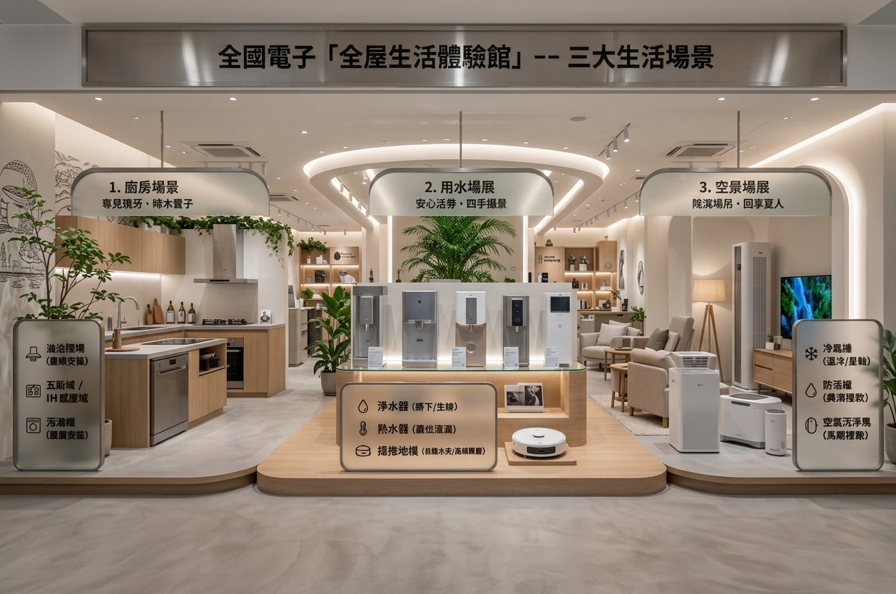 An incredibly lifelike, richly detailed, photorealistic wide-angle interior shot of a sophisticated lifestyle exhibition pavilion set in a contemporary cultural center. The scene is illuminated by soft, multi-tiered ceiling cove lighting and warm, diffused ambient spotlights, creating a serene, uncluttered, and zen-inspired atmosphere. Captured with a full-frame architectural camera with a 24mm wide-angle lens, emphasizing smooth matte microcement textures, brushed stainless steel appliances, seamless light oak platforms, and lush indoor greenery. 

The reimagined space is a modern minimalist haven composed of three fluidly interconnected lifestyle zones featuring streamlined, built-in smart appliances, curated abstract wall art, and floating display shelves holding refined photography books. A harmonious palette of soft whites, pale grays, and subtle pastel beige tones is complemented by sleek metal fixtures, clean-lined ergonomic furnishings, and gently curved, LED-illuminated podiums that effortlessly elevate the functional living scenarios into an elegant gallery experience.