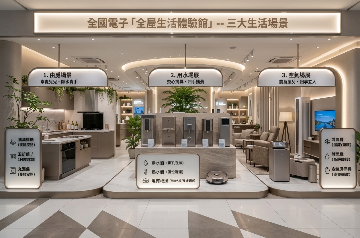 An incredibly lifelike, richly detailed, photorealistic wide-angle interior shot of a sophisticated lifestyle showroom exhibition space set in a high-end modern design pavilion. The scene is illuminated by gentle concealed cove lighting, warm halo backlights, and precise recessed spotlights, creating an airy, refined, and tranquil atmosphere. Captured with a high-resolution full-frame camera and a 24mm tilt-shift architectural lens, emphasizing the seamless polished stone surfaces, subtle champagne metal trims, and tailored micro-textures of the finishes. 

Reimagined with contemporary elegance and understated sophistication, the open-concept gallery flows across elevated zones defined by shades of warm white, pearl, soft gray, and brushed champagne. On the left, a minimalist open kitchen features sleek matte cabinetry, integrated black-glass appliances, and honed marble countertops softened by delicate cascading greenery. The central island showcases refined water purification technology atop a sculpted stone display plinth, beneath an organic, rounded floating ceiling fixture. To the right, a luxurious living concept unfolds with tailored upholstered seating, slender metallic-framed tables styled with curated photography books, and textured abstract wall art flanking a sleek smart entertainment setup. Fluid curved walls, refined vertical slatted dividers, and lush indoor planters harmonize the entire layout, presenting a balanced, light-filled vision of elevated modern living.