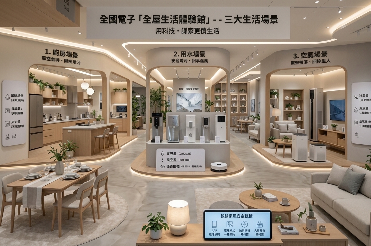 An incredibly lifelike, richly detailed, photorealistic wide-angle shot of a reimagined minimalist exhibition space set in a high-end experiential home showroom. The scene is illuminated by recessed linear LEDs and gentle, concealed cove lighting in soft daylight tones, creating a serene, uncluttered, and Zen-inspired atmosphere. Captured with a 24mm f/2.8 architectural lens, emphasizing smooth micro-cement flooring, light natural oak millwork, and refined matte finishes. The space is thoughtfully divided into streamlined living zones using softly curved portals in a calm monochromatic palette of off-white, light gray, and muted pastel undertones. Functional, low-profile furniture crafted from sleek wood and brushed metal defines each area, paired with uncluttered surfaces displaying a single open photography book, subtle ceramic vessels, and architectural potted plants. Abstract geometric wall art complements seamless smart-home displays, harmonizing cutting-edge functionality with elegant, peaceful minimalism.