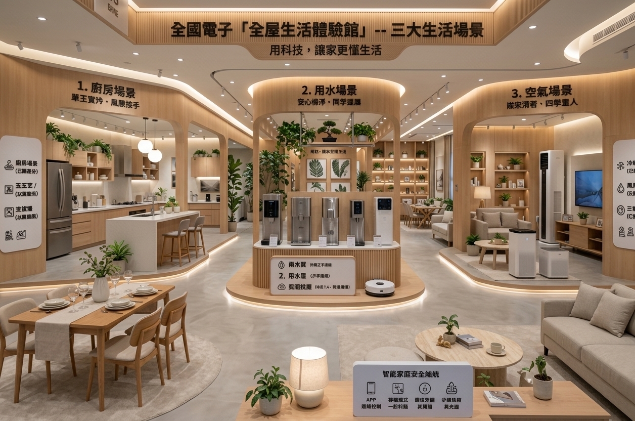 An incredibly lifelike, richly detailed, photorealistic wide-angle interior shot of a serene, minimalist exhibition haven set in a contemporary smart-living concept gallery. The scene is illuminated by soft, recessed architectural cove lighting and warm, diffused ambient downlights, creating a tranquil, uncluttered, and Zen-inspired atmosphere. Captured with a full-frame camera and a 24mm tilt-shift lens, emphasizing the seamless poured micro-cement flooring, smooth blonde wood arches, matte stainless steel appliances, and fine linen textures. 

The reimagined space forms an elegant open-concept sanctuary partitioned by gentle curved wooden portals framing three distinct functional vignettes. In the foreground, a streamlined light-oak dining suite and a low-profile linen sofa cluster around a circular travertine coffee table adorned with minimalist ceramic planters and an open photography book. A subtle palette of muted greige, chalk white, and soft pastel undertones unifies the sleek metal kitchen consoles, minimalist water station plinths, and air-purification displays. Abstract framed canvas art, hidden edge lighting, and thoughtfully placed indoor ficus and bonsai plants impart an understated elegance, seamlessly marrying high-end smart home technology with serene, functional domestic design.