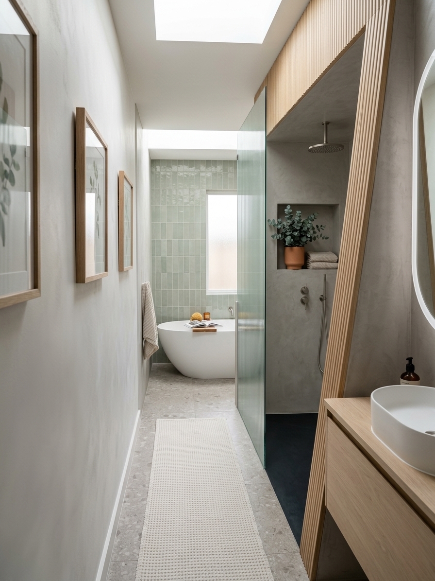 An incredibly lifelike, richly detailed, photorealistic wide-angle eye-level shot of a transformed, spa-like bathroom set in a contemporary Scandinavian sanctuary. The scene is illuminated by brilliant, diffused midday natural sunlight streaming in through an expanded frosted glass window and an integrated skylight, creating a serene, tranquil, and profoundly airy atmosphere. Captured with a 24mm f/8 wide-angle lens on a high-resolution full-frame camera, emphasizing the tactile textures of matte microcement, fluted blonde oak, handmade ceramic tiles, and soft organic textiles.

The reimagined space completely sheds the cramped, dated feel of the original layout in favor of an open, minimalist aesthetic that champions functional luxury and Nordic *hygge*. At the far end of the room, the old built-in tub is replaced by an elegant, freestanding oval soaking tub crafted from matte white composite stone. The accent wall behind it is clad in vertical, light sage-green ceramic zellige tiles that softly catch the midday light with an artisanal, subtle sheen. To the side of the tub, a slender, minimalist reclaimed teak bath caddy holds a natural sea sponge, a small soy candle in an amber glass jar, and a curated hardcover photography book propped open to a peaceful landscape page.

Replacing the bulky, framed shower cubicle is a seamless, walk-in wet area enclosed only by a floor-to-ceiling panel of ultra-clear, fluted architectural glass. Inside, a minimalist brushed nickel thermostatic rain shower system is recessed flush into the ceiling. The floor flows uninterrupted across the entire room with large-format, warm stone-gray terrazzo tiles equipped with radiant underfloor heating, creating visual continuity and eliminating the need for cluttered rugs. In place of multiple mats, a single, extra-plush organic cotton runner in an off-white waffle weave rests effortlessly along the walkway.

Along the right wall, a custom floating vanity crafted from light Scandinavian white oak features soft-close slatted drawers, topped with a seamless honed white quartz counter and an integrated vessel basin. Above it hangs an oversized, pill-shaped LED backlit mirror that casts a soft, warm glow along the muted off-white lime-washed walls. Subtle touches of greenery—such as a potted silver-dollar eucalyptus in a terracotta planter and a trailing string-of-hearts plant on a recessed shower niche—breathe life and freshness into the room. Framed, minimalist botanical nature-inspired wall art in slim natural oak frames adorns the entryway wall, completing this restorative, uncluttered haven of relaxation and timeless design.