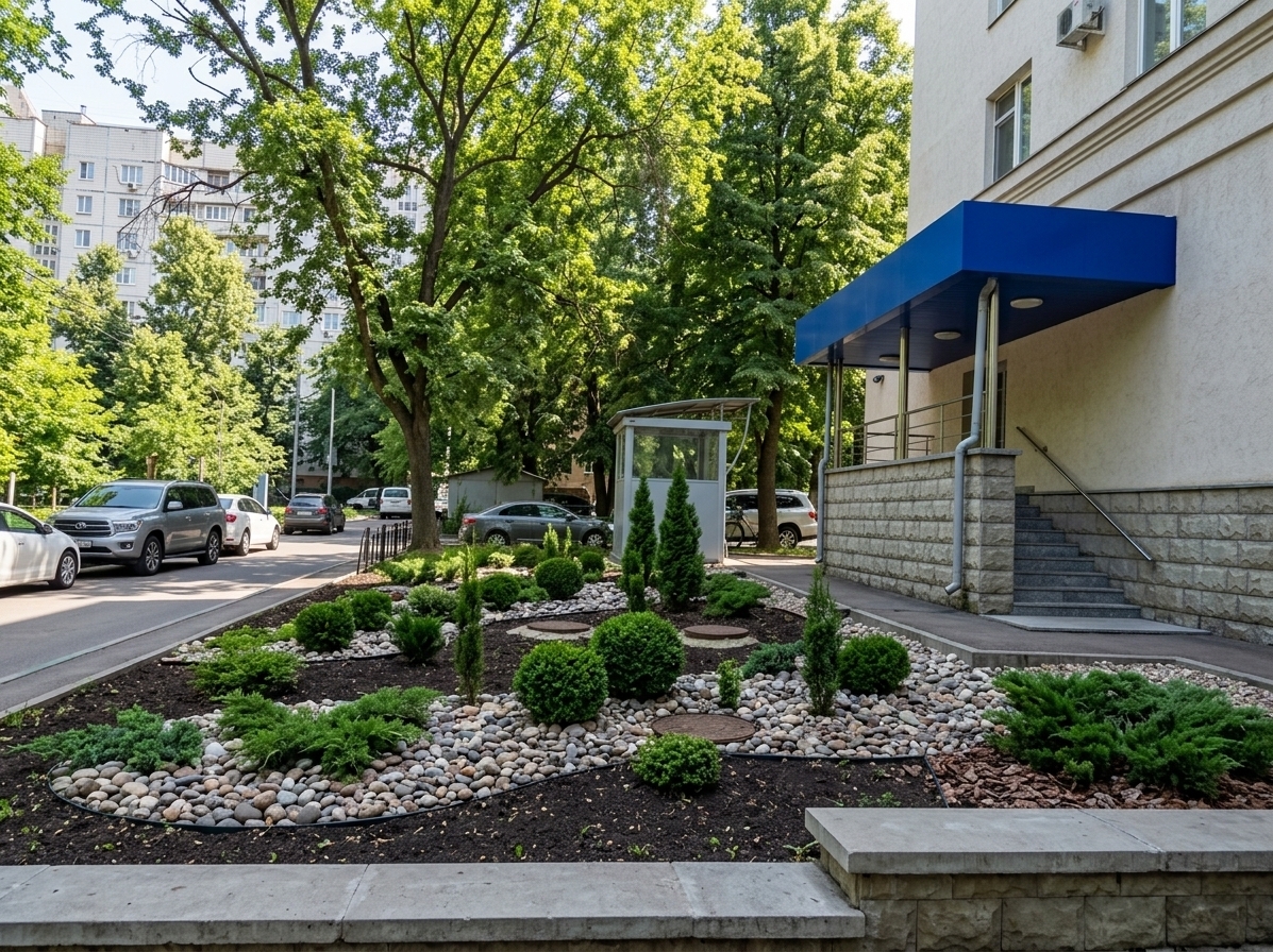 An incredibly lifelike, richly detailed, photorealistic wide-angle exterior shot of a modern fusion landscape garden bed set in an urban residential courtyard. The scene is illuminated by bright, direct natural daylight casting soft dappled tree shadows, creating a fresh, manicured, and welcoming atmosphere. Captured with a professional full-frame camera and a 35mm wide lens at f/8, emphasizing rich dark garden soil, polished decorative pebbles, sculptured spherical boxwoods, slender upright thujas, and textured creeping junipers artfully arranged without grass, perfectly framing the entrance of the building with its bold blue canopy.
