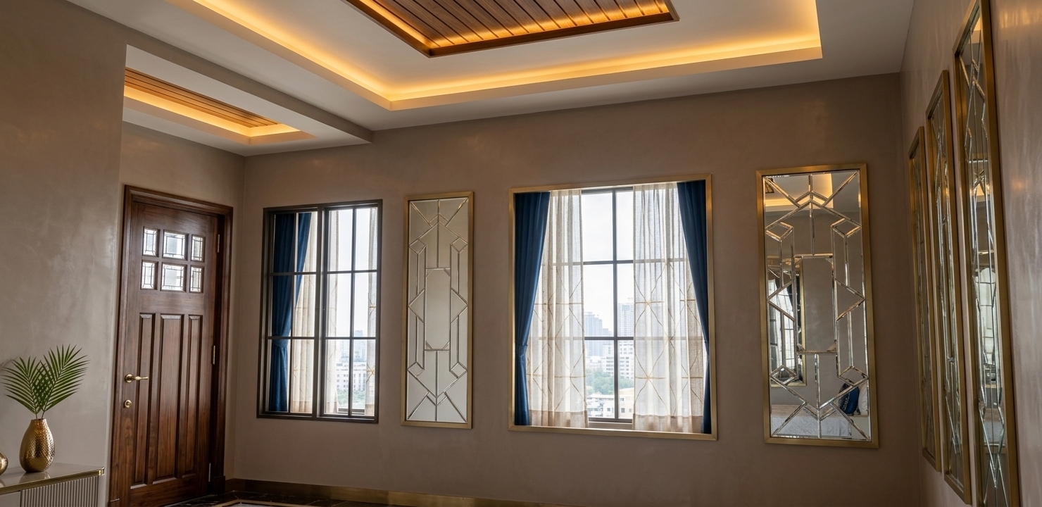 An incredibly lifelike, richly detailed, photorealistic wide-angle interior shot of a luxurious Art Deco glamour bedroom set in an upscale modern penthouse. The scene is illuminated by soft midday sunlight filtering through floor-to-ceiling sheer and gold-trimmed velvet drapes beside the window, beautifully harmonized with warm ambient cove lights glowing from the stepped tray ceiling’s rich walnut slatted insets, creating an opulent and tranquil atmosphere. Captured with a high-end full-frame architectural camera using a 24mm tilt-shift lens, emphasizing the fine wood grain of the craftsman-style entry door, elegant metallic-framed geometric wall panels, plush textures, and pristine ceiling craftmanship with impeccable depth and clarity.