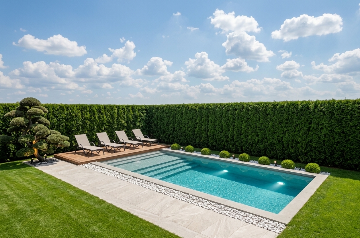 An incredibly lifelike, richly detailed, photorealistic wide-angle architectural landscape shot of a luxury minimalist outdoor swimming pool area set in the private garden of a contemporary villa. The scene is illuminated by bright, clear natural sunlight paired with luminous circular underwater pool lights and subtle landscape spotlights, creating a serene, elegant, and sun-drenched atmosphere. Captured with a high-end camera using a sharp 24mm architectural lens, emphasizing the crystal-clear turquoise water filled to the coping, natural wood grain on the raised solarium deck with four sleek modern lounge chairs, and smooth light-toned stone paving. The composition preserves the exact five submerged entryway steps, flanked by decorative strips of white river pebbles and neatly manicured spherical topiary bushes along the edge. Impeccably trimmed, fairway-grade golf turf surrounds the pool terrace, complemented by a dramatic sculpted cloud tree with focused uplighting on the left and a dense, towering green hedge providing absolute seclusion against a bright sky with soft cumulus clouds.