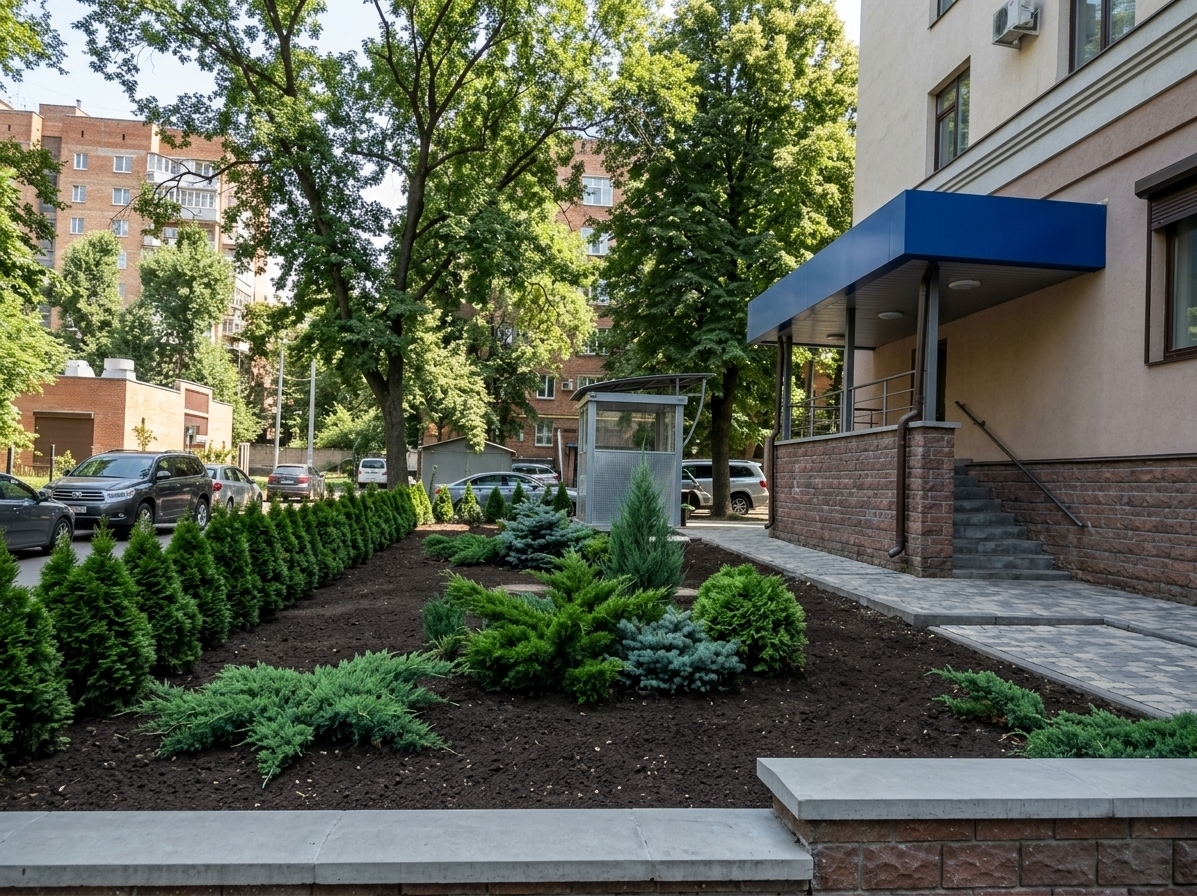 An incredibly lifelike, richly detailed, photorealistic eye-level exterior shot of a redesigned modern outdoor garden beside a contemporary building entrance set in an urban residential environment. The scene is illuminated by crisp, natural midday sunlight with gentle dappled shade from background canopy trees, creating an organized, serene, and sophisticated modern fusion atmosphere. Captured with a full-frame professional camera and a 35mm lens, emphasizing the deep, rich textures of tilled dark earth, sharp evergreen needles, and clean architectural lines. 

Lining the clean perimeter of the transformed garden plot, dense, towering pyramidal Thuja trees form a lush, formal hedge that frames the entire area. In the center, a sculptural evergreen composition of low-spreading and upright juniper bushes in vibrant emerald and silvery-blue hues creates a dynamic focal point. The patchy grass has been completely replaced with a clean, smooth bed of rich, dark cultivated soil without any turf, perfectly complementing the crisp blue canopy overhang, paved walkway, and modern urban exterior.