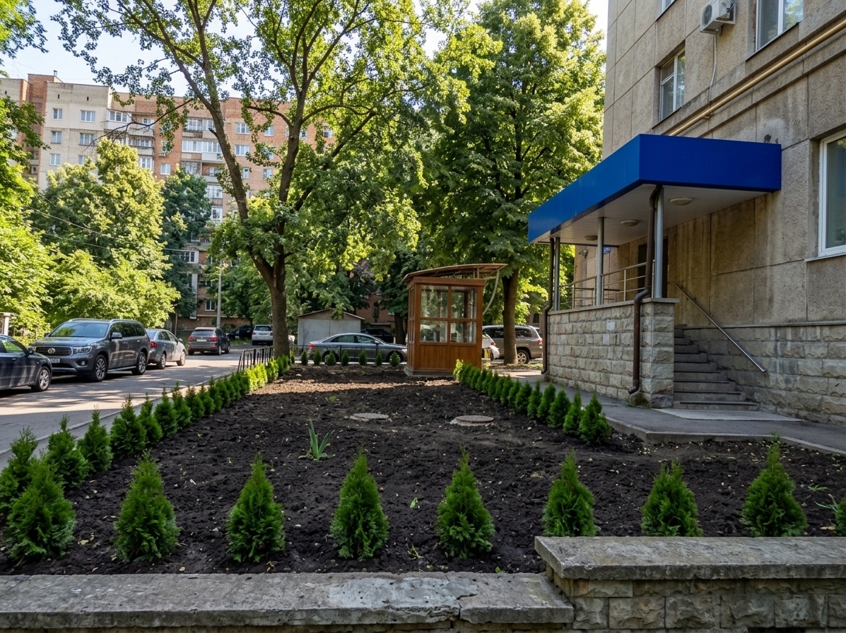 An incredibly lifelike, richly detailed, photorealistic wide-angle shot of a minimalist urban outdoor garden entrance set in a modern residential courtyard. The scene is illuminated by bright, clear natural sunlight casting crisp shadows, creating a serene, structured, and tranquil atmosphere. Captured with a professional 24mm wide-angle lens, emphasizing the rich texture of bare, dark tilled soil completely replacing the lawn, precisely aligned geometric rows of lush green thuja shrubs planted along the perimeter, and the clean architectural lines of the building's facade complemented by its vivid blue entrance awning.