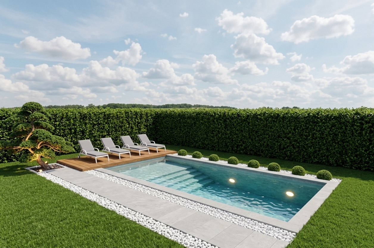An incredibly lifelike, richly detailed, photorealistic wide-angle architectural landscape shot of a luxury minimalist outdoor pool area set in a private villa garden. The scene is illuminated by bright, clear natural daylight with a soft blue sky and scattered white clouds, complemented by glowing circular underwater pool lights and warm, subtle uplighting accentuating the sculptural bonsai-style cloud tree on the left, creating an elegant, serene, and sophisticated resort atmosphere. Captured with a high-end full-frame camera using a sharp wide-angle lens, emphasizing key textures and details such as the crystal-clear, gently rippling turquoise water filling the basin, the precise geometric structure featuring a wide submerged sun shelf descending into four stone steps, the warm grain of the raised wooden solarium furnished with four sleek white sun loungers, smooth light stone pavers framed by borders of crisp white river pebbles and spherical boxwood shrubs, and pristine, golf-grade green turf set against a tall, dense perimeter privacy hedge.