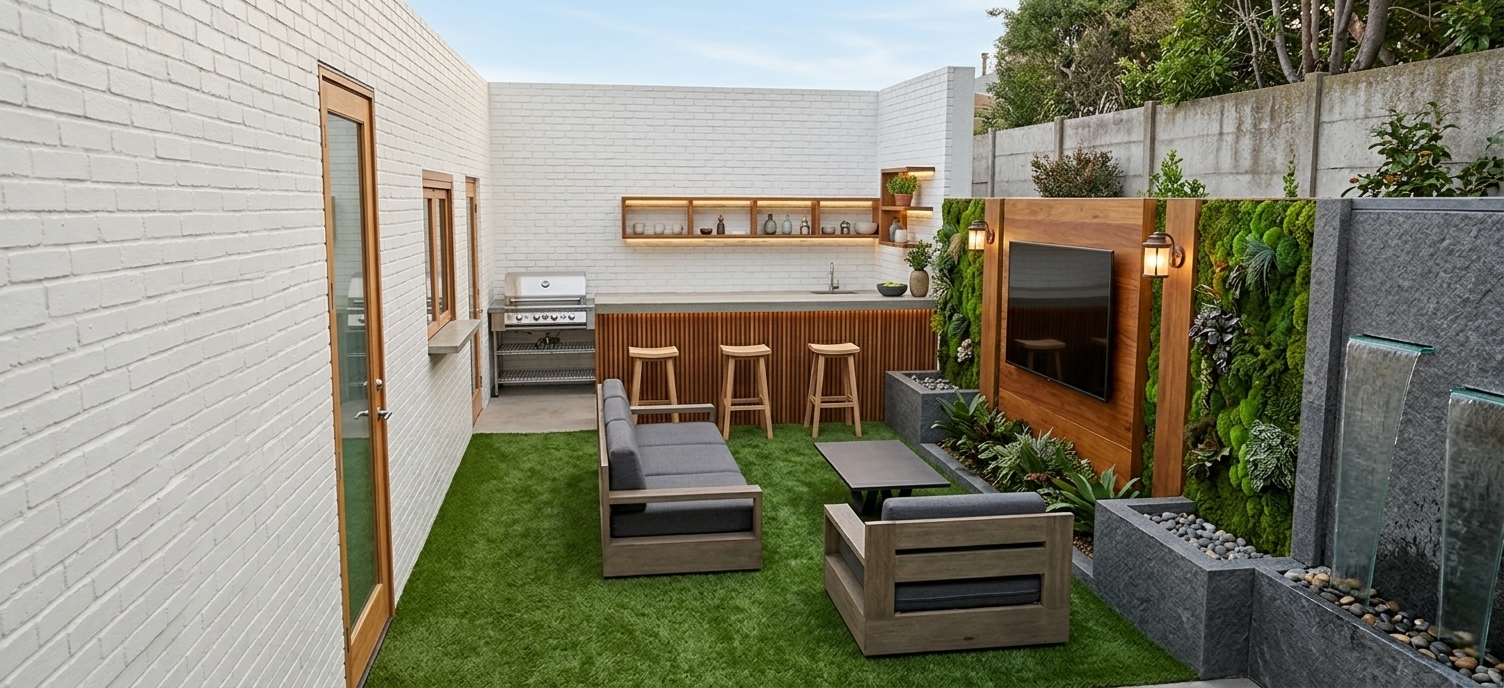 An incredibly lifelike, richly detailed, photorealistic wide-angle shot of an outdoor patio entertainment lounge set in a sleek, modern urban courtyard. The scene is illuminated by soft diffuse daylight harmonized with the warm, subtle glow from classic wall sconces and under-shelf accent lights, creating a sophisticated and relaxing atmosphere. Captured with a professional full-frame camera and an architectural 24mm tilt-shift lens, emphasizing the sharp textures of the dark grey masonry, smooth white brick, natural vertical wood slats, and lush vertical greenery. 

The open-concept layout features a seamless fusion of industrial and organic elements, centered on a manicured synthetic lawn. Along the far wall, a fully equipped outdoor kitchen and bar counter boasting warm timber slats, light wood barstools, and minimalist open shelving creates an inviting culinary hub. The opposing feature wall commands attention with a full-height living moss-and-foliage backdrop, framing a polished timber media wall with a large flat-screen display and dual cascading glass water features set in textured stone planter bases. Anchoring the lounge area, modular contemporary wood-framed sofas with plush grey cushions and a sleek geometric coffee table offer a clean, comfortable setting designed for upscale open-air entertaining.