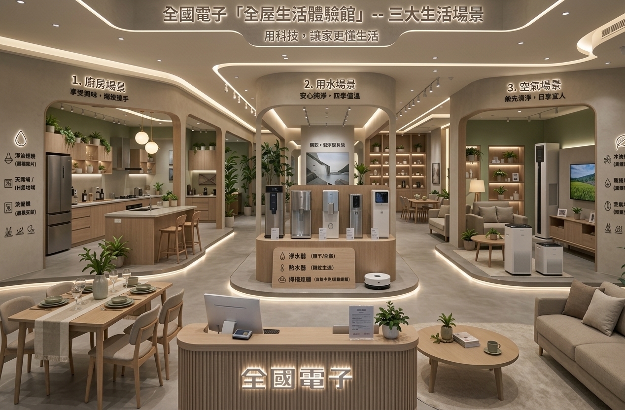 An incredibly lifelike, richly detailed, photorealistic wide-angle interior shot of a sophisticated lifestyle exhibition space set in a contemporary experiential retail showroom. The scene is illuminated by warm, concealed cove lighting tracing organic ceiling contours and soft integrated LED strip lights beneath raised platforms, creating a serene, inviting, and elegantly modern atmosphere. Captured with a professional wide-angle lens with crisp depth and balanced exposure, emphasizing the fine vertical fluting of the light oak reception counter, smooth microcement flooring, brushed stainless-steel appliances, and tactile neutral upholstery. The layout seamlessly presents three curated lifestyle vignettes—kitchen, water, and air zones—framed by graceful, rounded portals. Uncluttered surfaces, Zen-inspired minimalist furniture, subtle abstract artwork, and curated indoor potted plants complete this refined, functional haven of modern home living.