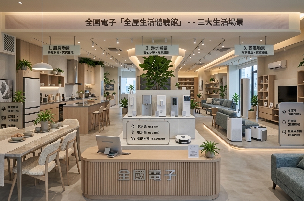 An incredibly lifelike, richly detailed, photorealistic wide-angle interior shot of an elevated experiential design exhibition space set in a contemporary lifestyle gallery. The scene is illuminated by soft, indirect cove lighting and diffused warm LED track spotlights, creating a serene, inviting, and uncluttered atmosphere. Captured with a 24mm tilt-shift lens on a high-resolution camera, emphasizing the smooth textures of honed microcement flooring, fluted white-oak millwork, brushed steel countertops, and the gentle drape of woven upholstery. Transformed into a minimalist haven, the streamlined, functional layout flows seamlessly across curated open zones featuring sleek metal and pale wood furniture in a harmonious palette of soft whites, muted grays, and subtle pastels. Clutter-free surfaces showcase minimal decor, including an open photography book on a low-profile coffee table, delicate ceramic vessels, and framed monochromatic abstract wall art, while lush indoor plants and architectural ferns add organic vitality to this perfectly balanced, zen-inspired modern sanctuary.