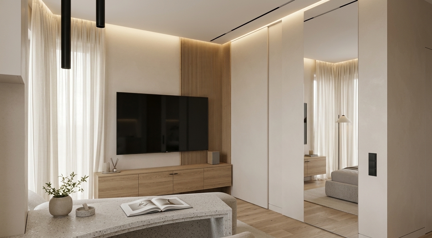 An incredibly lifelike, richly detailed, photorealistic wide interior shot of a serene Scandinavian living room sanctuary set in a contemporary minimalist apartment. The scene is illuminated by soft, diffused natural daylight filtering through floor-to-ceiling sheer ivory drapes, complemented by ambient warm, hidden LED strip lighting recessed into the ceiling above the TV accent wall and curtain tracks, creating an inviting, tranquil, and elevated atmosphere. Captured with a 35mm f/2.8 lens, emphasizing smooth plaster surfaces, fine vertical wood fluting, and rich organic materials. 

The space unfolds in a harmonious light beige and cream color palette, grounded by wide natural oak parquet floorboards with an understated matte finish. A sleek wall-mounted flat-screen television is framed by a vertical oak slat accent panel and a matching low-profile floating wooden credenza. In the foreground, a textured light-grey terrazzo console table subtly grounds the view, styled with an open art book and a delicate potted green plant, while modern matte black pendant lights and crisp matte black wall switches punctuate the neutral walls with sophisticated contrast.