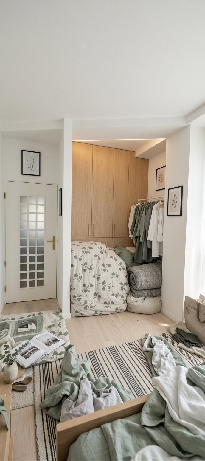An incredibly lifelike, richly detailed, photorealistic wide-angle interior photograph of a serene Scandinavian bedroom sanctuary set in a bright, modern home. The scene is illuminated by soft, natural summer midday sunlight streaming through a large nearby window, creating a tranquil, airy, and rejuvenating atmosphere. Captured with a 35mm lens at f/2.8, emphasizing the tactile textures of plush washed linen bedding, smooth light oak wood, and delicate woven wool. The once-cluttered recessed alcove is now transformed into a seamless, custom-built light oak and matte white minimalist wardrobe with concealed storage and elegant brass hardware. Crisp off-white walls are complemented by a palette of soft sage green accents, subtle gray tones, and minimalist nature-inspired wall art in slim black frames. On a low-profile blond wood nightstand resting atop pale wide-plank hardwood floors, an open curated photography book sits next to a small ceramic vase with delicate eucalyptus sprigs, effortlessly marrying clean functionality with organic warmth.