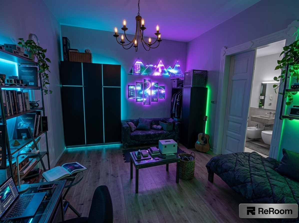 An incredibly lifelike, richly detailed, photorealistic wide-angle shot of a reimagined cyber-eclectic gaming room and tech sanctuary set in a high-ceilinged urban apartment. The scene is illuminated by striking ambient neon light strips in electric blues, vibrant magentas, and toxic greens contrasted against deep, moody shadows, creating an immersive, futuristic, and high-energy atmosphere. Captured with a full-frame mirrorless camera and a 24mm wide-angle lens, emphasizing sleek brushed metal finishes, glowing LED accents, mixed-media grunge wall textures, and glossy holographic wall art that shimmers with movement. 

In this redesigned space, the plain wooden wardrobe is replaced by a matte-black modular storage system with recessed cyan backlighting, while dynamic, holographic art panels dominate the accent wall above a low-profile industrial daybed draped in dark techwear fabrics. A heavy-duty steel and tempered glass battle-station desk hosts a multi-monitor gaming setup with illuminated mechanical gear and an open cyberpunk photography book on display. Industrial pipe shelving holds retro-futuristic collectibles, tech gadgets, and cascading indoor pothos plants that catch the vivid neon glow, perfectly balancing gritty urban aesthetics with layered, cutting-edge functionality.