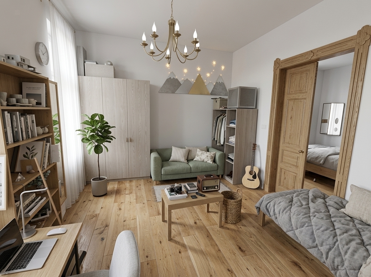 An incredibly lifelike, richly detailed, photorealistic wide-angle interior photo of a tranquil Scandinavian gaming sanctuary set in a bright, high-ceilinged modern studio apartment. The scene is illuminated by soft, diffuse morning light streaming through expansive sheer-draped windows and complemented by warm, concealed LED backlighting, creating a serene, airy, and hygge-inspired atmosphere. Captured with a 24mm wide-angle lens, emphasizing the fine natural oak wood grains, tactile linen textiles, and crisp matte finishes. 

The reimagined space blends gaming functionality with Nordic minimalism, featuring a clean color palette of warm whites, gentle grays, and subtle muted greens. Along one wall, a custom light-oak and matte-black metal desk supports an ultra-clean dual-monitor gaming setup with integrated cable management, framed by soft sage acoustic panels and minimalist botanical photography. In place of clutter, a tailored low-profile daybed with textured linen bedding, chunky wool throws, and earth-toned cushions offers cozy seating. An open light-wood shelving unit elegantly displays photography books and ceramic accents, while potted snake plants and a tall fiddle-leaf fig bring refreshing organic vitality to the balanced, tranquil room.