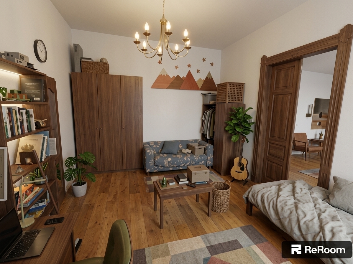 An incredibly lifelike, richly detailed, photorealistic wide-angle interior shot of a reimagined mid-century modern gaming and lounge room set in a high-ceilinged urban apartment. The scene is illuminated by the warm, diffused glow of a brushed-brass sputnik chandelier and soft ambient backlighting behind sleek floating shelves, creating a cozy, sophisticated, and retro-modern atmosphere. Captured with a full-frame camera and a 24mm f/2.8 wide lens, emphasizing the deep textures of rich walnut and teak wood, matte finishes, and woven organic textiles. 

The uncluttered, functional space features a streamlined walnut gaming workstation equipped with a sleek monitor setup, paired with an iconic mid-century ergonomic chair in olive green. In place of the bulky storage, a tailored low-profile sofa in muted slate blue rests beneath framed abstract geometric art in terracotta, burnt orange, and earth tones. A sleek walnut coffee table proudly displays hardbound photography books next to a ceramic tray, while flourishing indoor plants—like a potted fiddle-leaf fig and monstera—breathe vibrant life into the corners. Finished with warm oak flooring and a timeless geometric area rug, the room achieves an impeccable balance of iconic 1960s aesthetics and modern, clutter-free gaming utility.