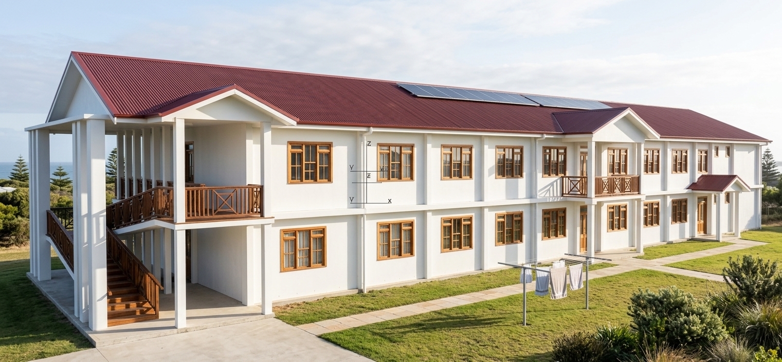 An incredibly lifelike, richly detailed, photorealistic wide-angle architectural shot of a charming two-story dormitory lodge set in a sun-drenched coastal environment. The scene is illuminated by bright, clear morning sunlight filtered through a fresh ocean haze, casting crisp, soft-edged shadows and creating a breezy, serene, and refreshing coastal atmosphere. Captured with a high-end full-frame camera and a 24mm tilt-shift architectural lens, emphasizing the pristine matte-white exterior walls, smooth support columns, and the textured sheen of dark red corrugated roofing sheets across the long gabled roofline. Neatly framed timber windows and warm wooden doors line the spacious open-air corridors and sweeping access stairs. Surrounding the building, lush, manicured green grass is interlaced with smooth stone footpaths leading to each entry, while neat outdoor clotheslines gently flutter in the coastal breeze on the adjacent lawn, evoking the relaxed, airy ambiance of a well-kept seaside retreat.