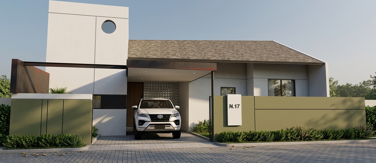 An architectural photograph capturing the exact exterior of the modern house under crisp, natural daylight, maintaining the original structure, angle, and composition. The white walls have a fine stucco texture, the pitched roof is covered with realistic matte shingles, and the olive-green perimeter wall has a smooth, solid finish. Parked neatly inside the carport under the canopy is a photorealistic white Toyota Fortuner SUV with a glossy automotive clear coat showing accurate environmental reflections. The paved street in the foreground displays natural stone texture and subtle seam grit, while soft, natural sunlight casts gentle directional shadows across the facade, captured with a sharp wide-angle lens and subtle depth of field.