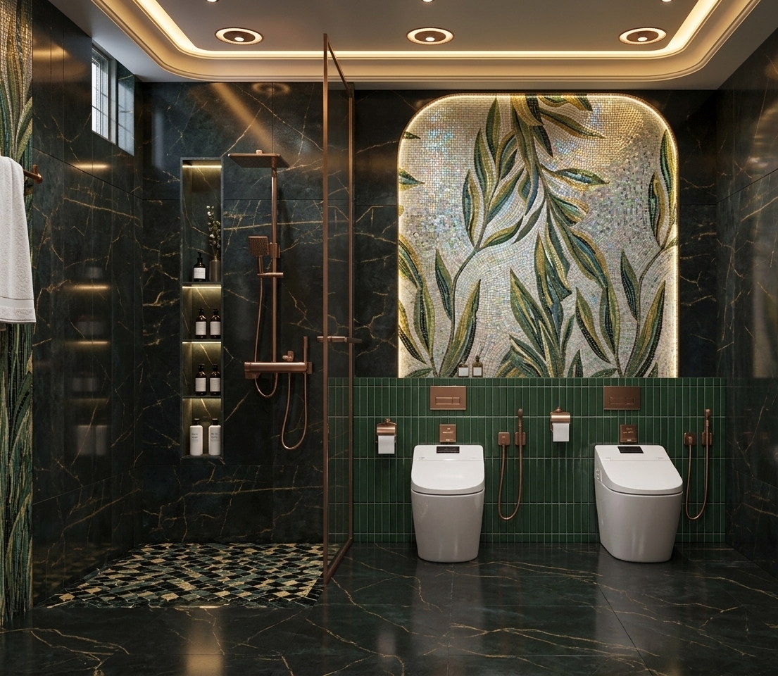An incredibly lifelike, richly detailed, photorealistic wide-angle interior architectural shot of an opulent Art Deco glamour bathroom set in a high-end luxury residence. The scene is illuminated by warm, concealed cove lighting tracing the curved ceiling, subtle recessed ceiling spotlights, and gentle LED under-glow in the recessed shelving, creating a deeply sophisticated and moody atmosphere. Captured with a professional full-frame camera and a 24mm architectural lens, emphasizing the rich interplay of reflective polished surfaces, intricate organic textures, and gleaming metallic accents. 

The walls feature large 300mm x 600mm polished deep-emerald and charcoal marble tiles with delicate gold veining, catching realistic specular highlights and ambient reflections. At the center, an elegant arched niche showcases a stunning botanical glass mosaic mural of sweeping olive and laurel leaves against an iridescent tessellated background, anchored below by a half-wall of glossy, vertically-stacked forest green subway tiles. Two sleek, contemporary white smart bidet toilets are mounted side by side, flanked by luxurious brushed rose gold accessories, matching flush plates, and hygiene sprayers. To the left, a walk-in shower is enclosed by ultra-clear tempered glass framed in rose gold, featuring a matching exposed thermostatic rainfall shower system and a recessed vertical niche stocked with high-end amenities. The floor is clad in seamless 600mm x 600mm dark marble tiles, grounding the composition with soft reflections and impeccable spatial depth.