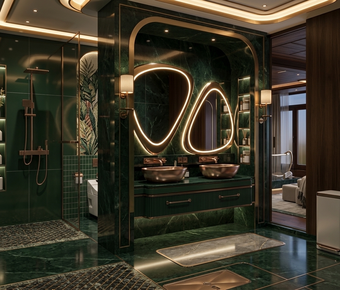 An incredibly lifelike, richly detailed, photorealistic wide-angle interior photograph of an opulent Art Deco glamour master bathroom suite set in a luxury penthouse residence. The scene is illuminated by warm, hidden architectural cove lighting, radiant backlighting tracing the organic pebble-shaped mirrors, and soft-glowing brass and fabric sconces, creating a moody, intimate, and sophisticated atmosphere. Captured with a high-end 24mm architectural tilt-shift lens at crisp 8k resolution, emphasizing the high-gloss specular reflections across deep emerald green 300mm x 600mm marble wall tiles and seamless 600mm x 600mm polished dark stone floor tiles. At the center stands an architectural arch partition trimmed in satin brass, anchoring a fluted dark-green vanity with dual brushed rose gold vessel sinks, matching wall-mounted faucets, and accessories. To the left, a frameless glass walk-in shower showcases refined rose gold fixtures, emerald subway tiles, and a botanical mosaic niche, completing this impeccably balanced, glamorous sanctuary.